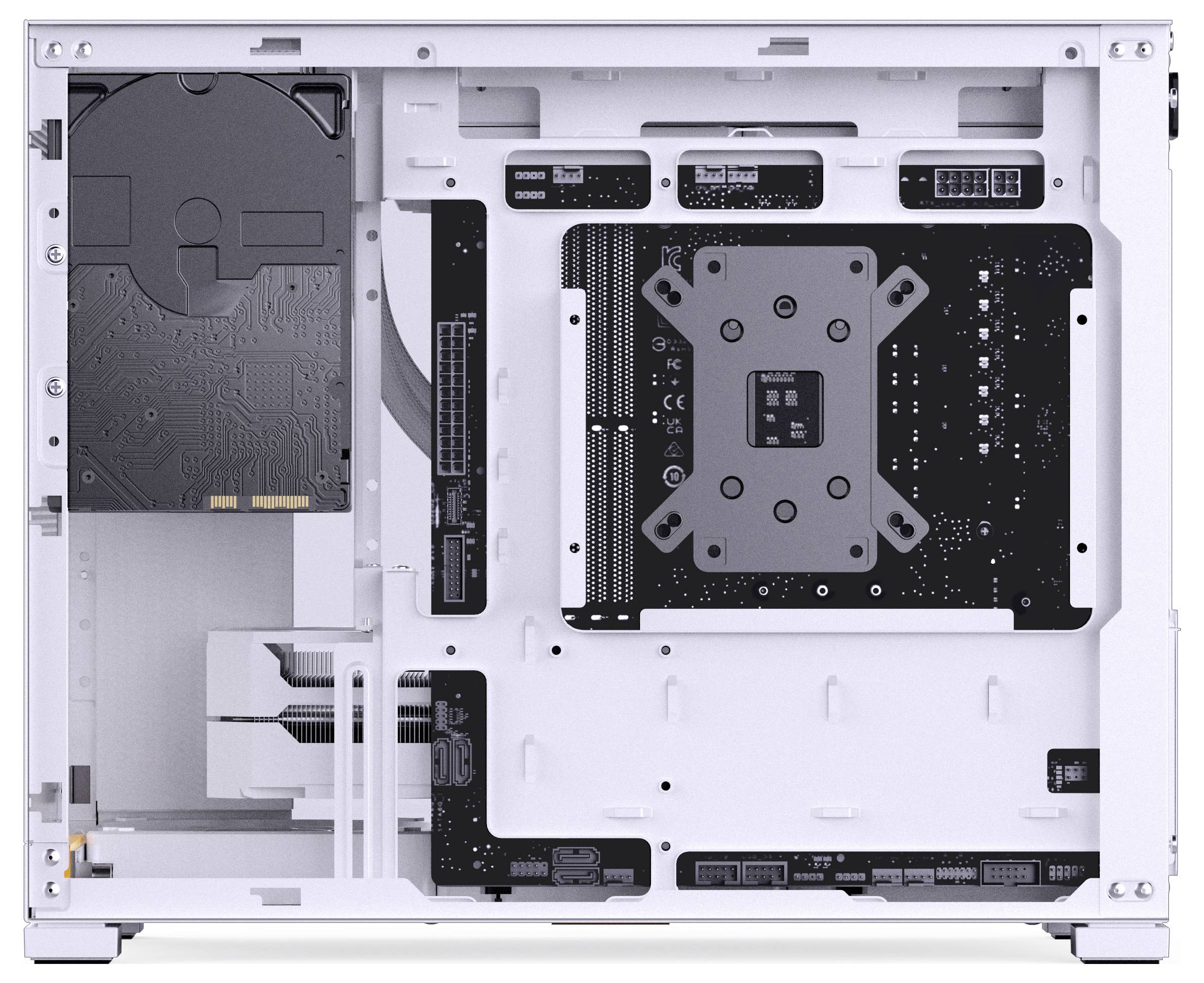 Inside view of a white computer case showing the motherboard tray, cable management paths, and drive bays; components not installed.