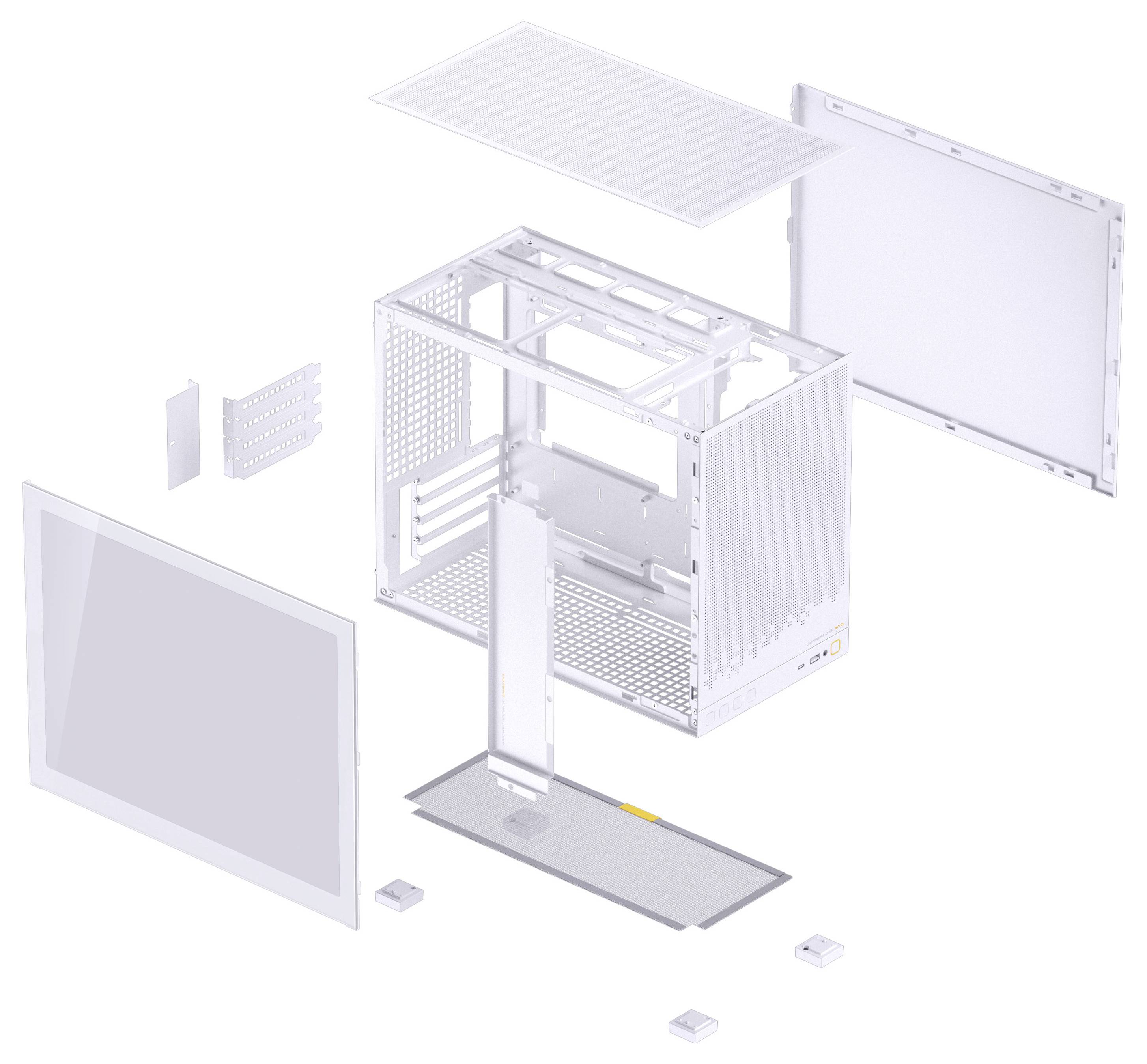 Exploded view of a white computer case showing panels, frame, and base components separated, illustrating assembly parts.