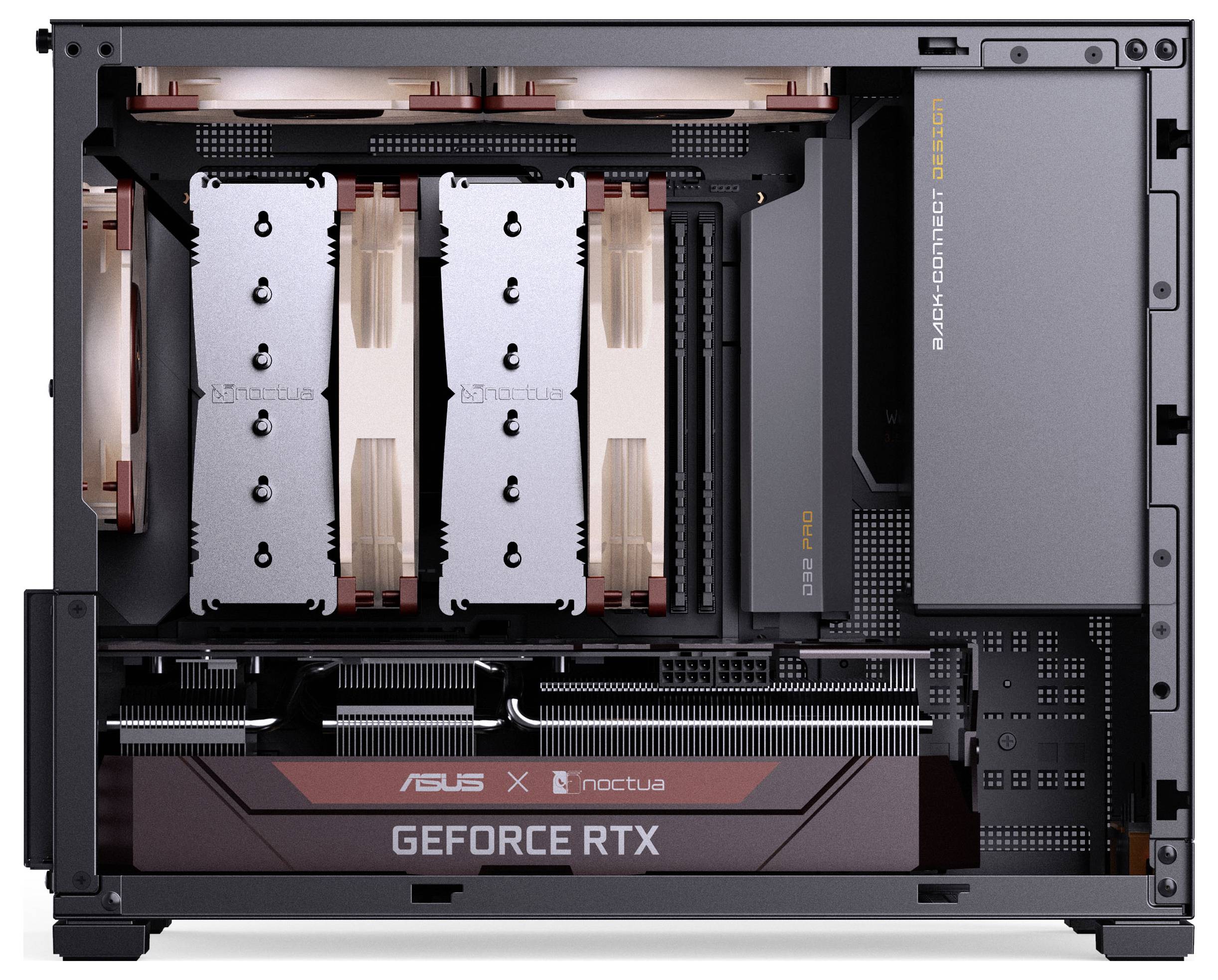 A computer case showcasing a powerful cooling system with multiple fans and a prominent graphics card labeled 'GEFORCE RTX'.