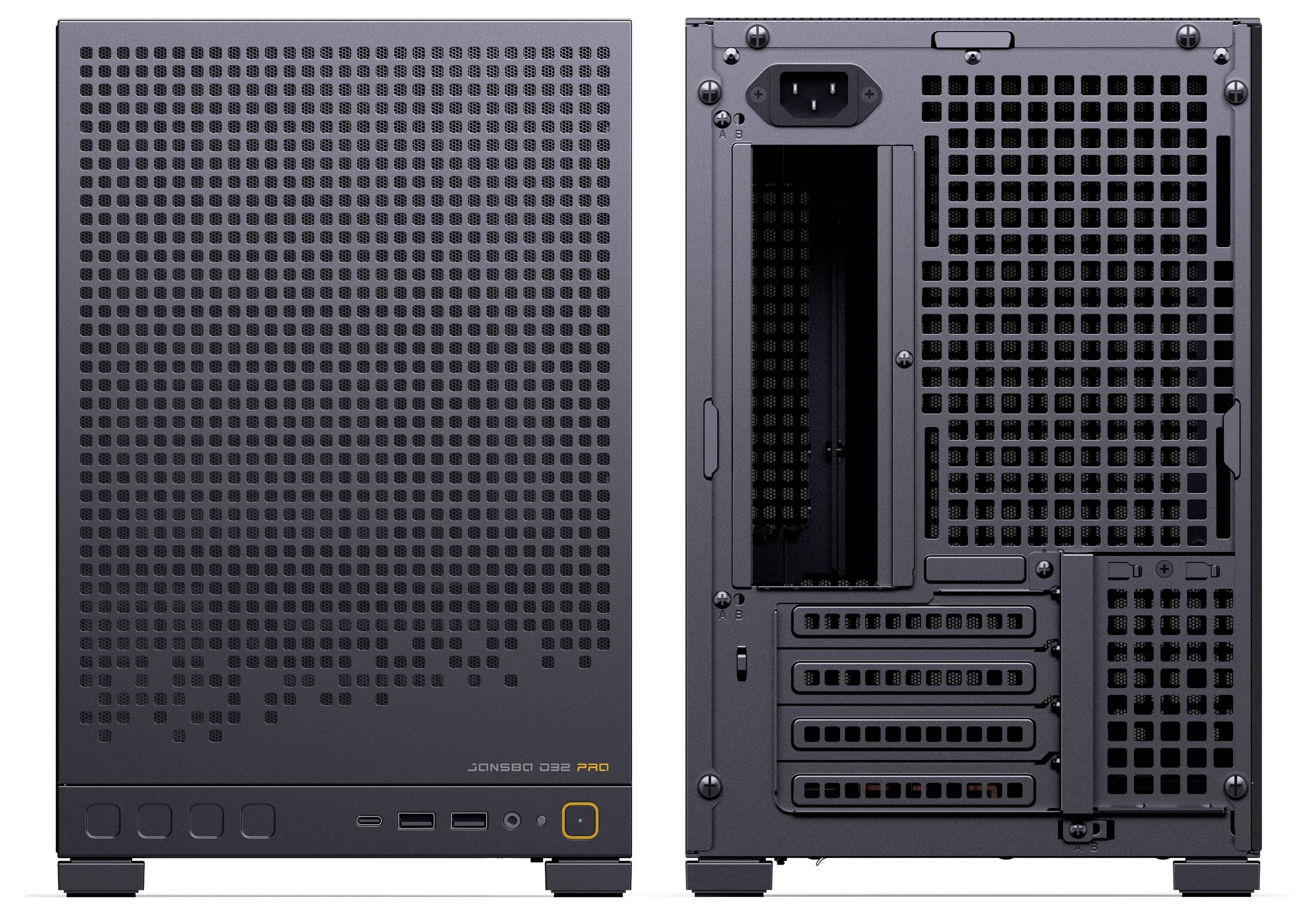 A computer case front and back view showing ventilation grids, USB ports, and expansion slots. No internal components are visible.