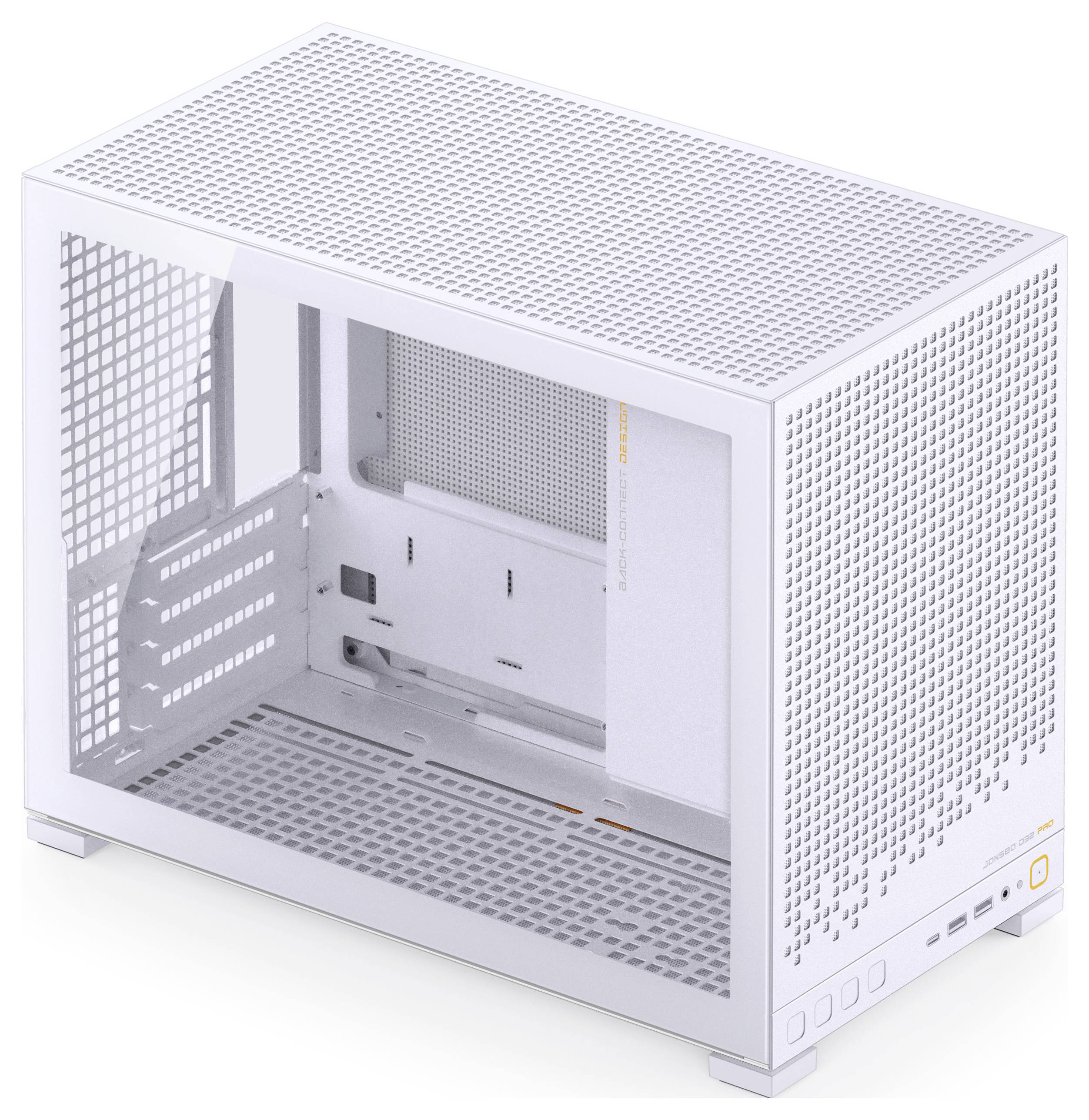 A white, cube-shaped computer case with mesh panels for ventilation, displaying empty interior bays and front ports for connectivity.