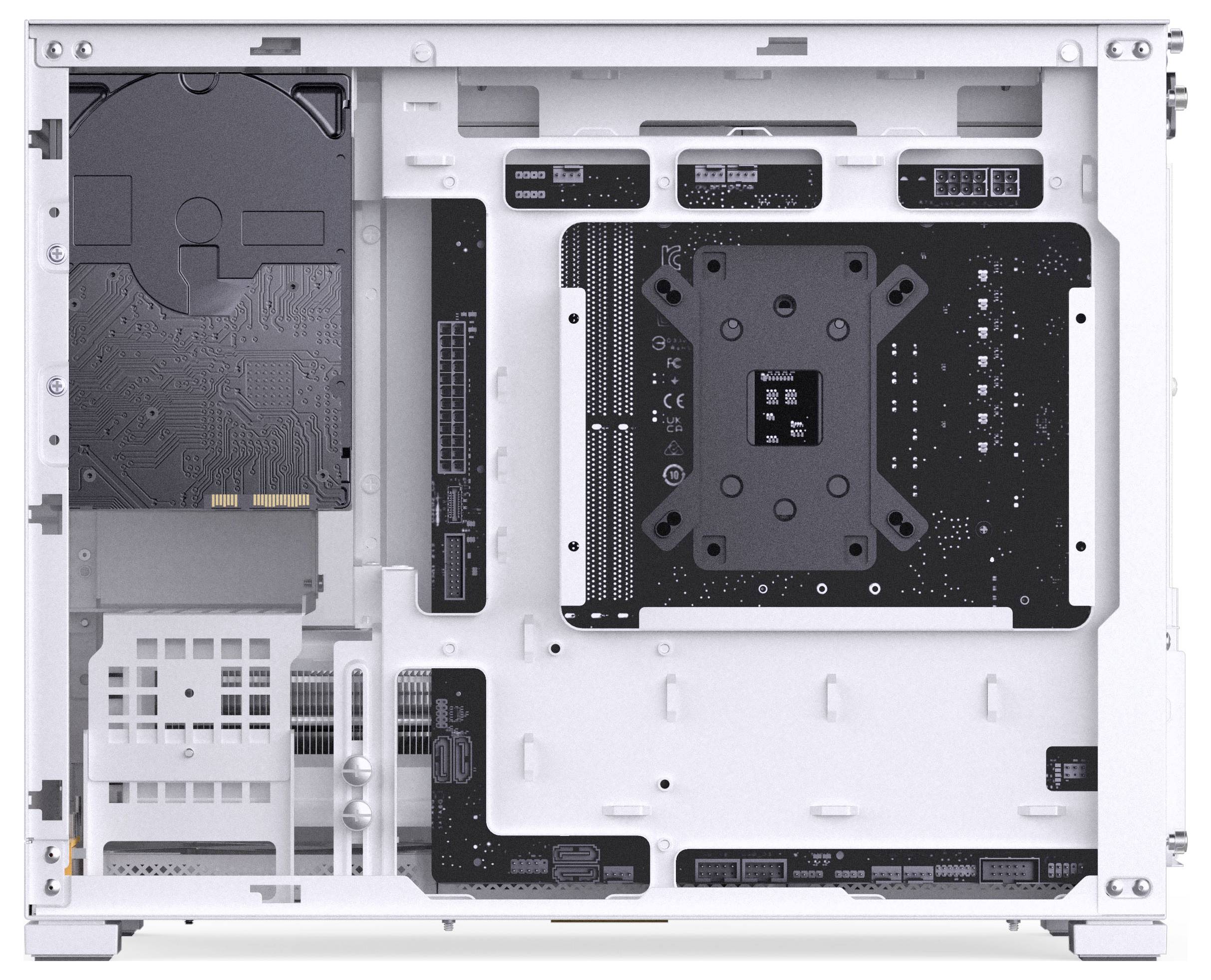 Side view of a computer case interior, showcasing motherboard slots, cable management sections, and drive bay areas for hardware installation.