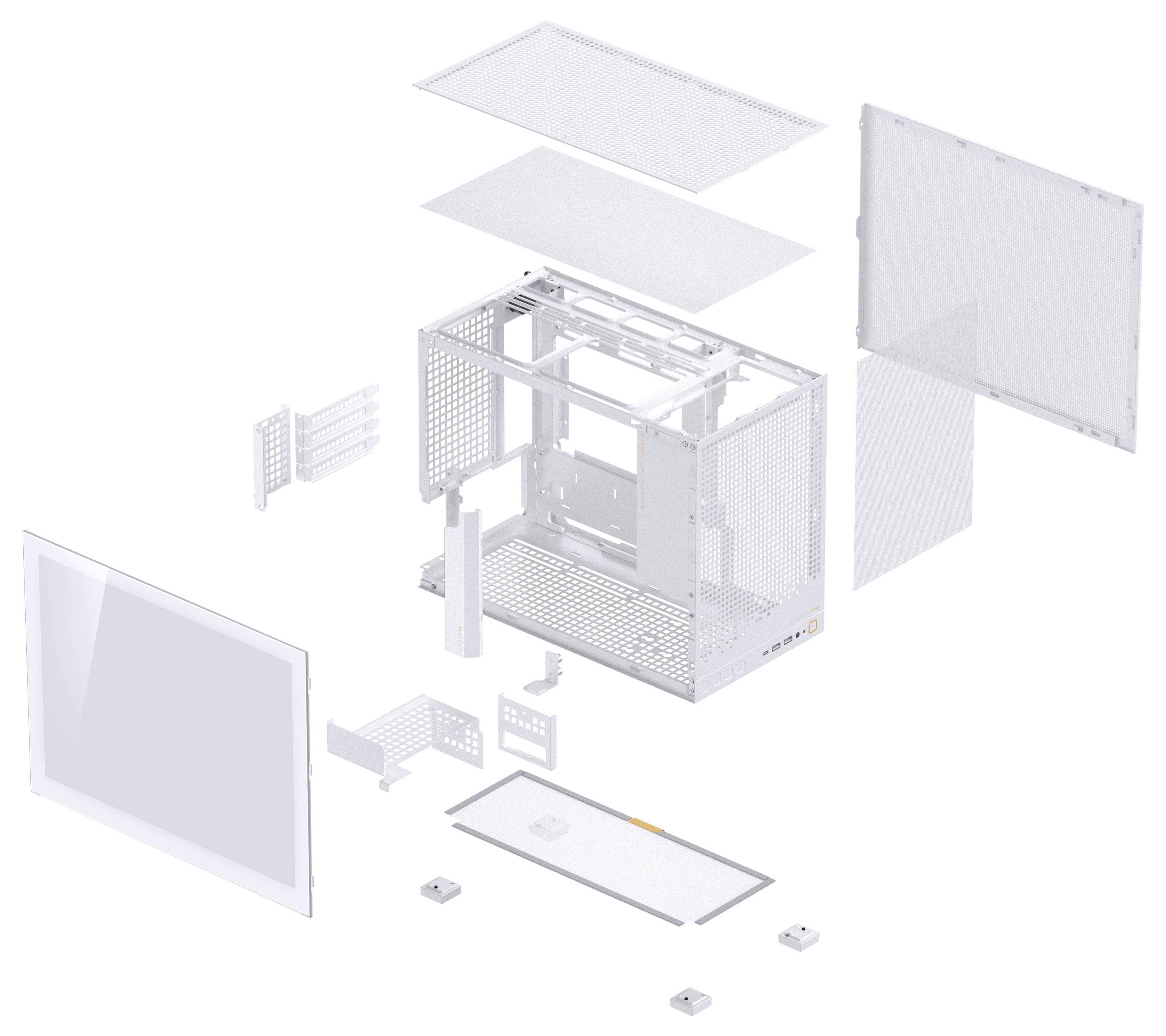 Exploded view of a computer case showing internal panels, frame, and components in separate parts, illustrating assembly structure.
