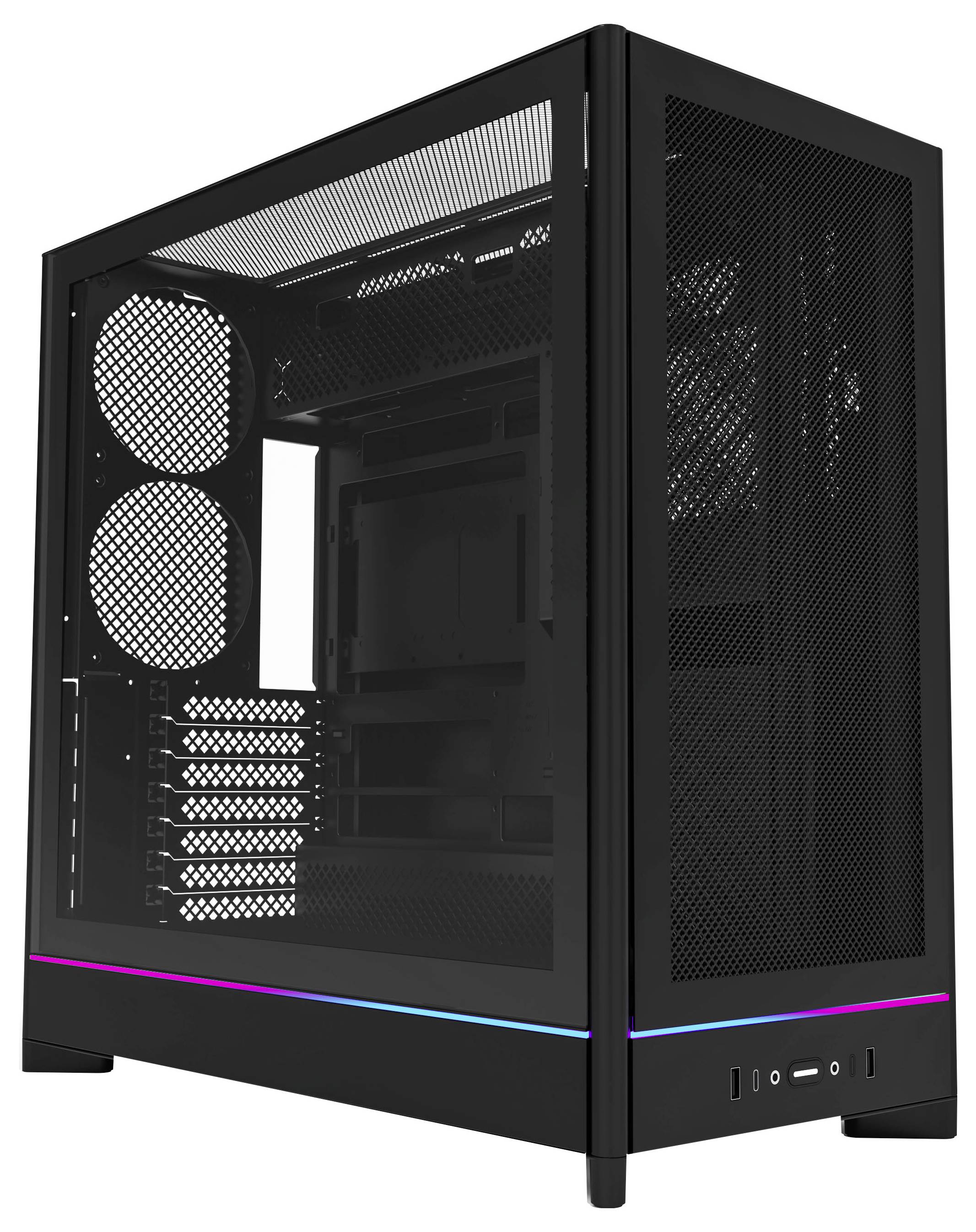 A black computer case with transparent side panel showcasing empty interior space, RGB lighting at the bottom, front ports visible.