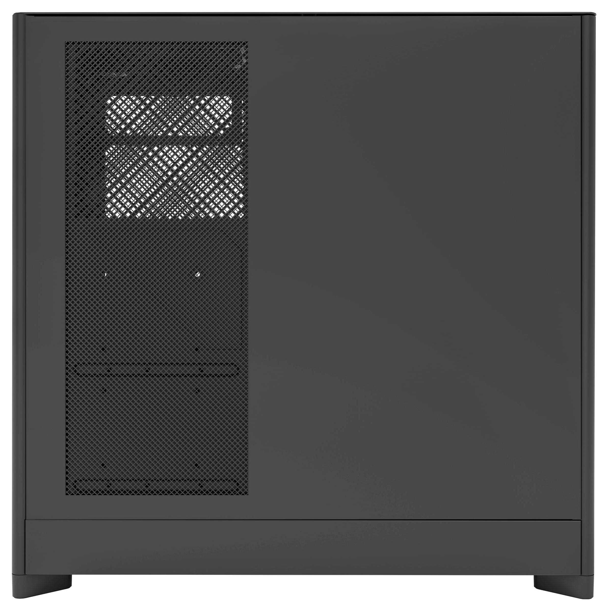 A sleek black computer case with a mesh panel on the side for ventilation, showing space for components inside.