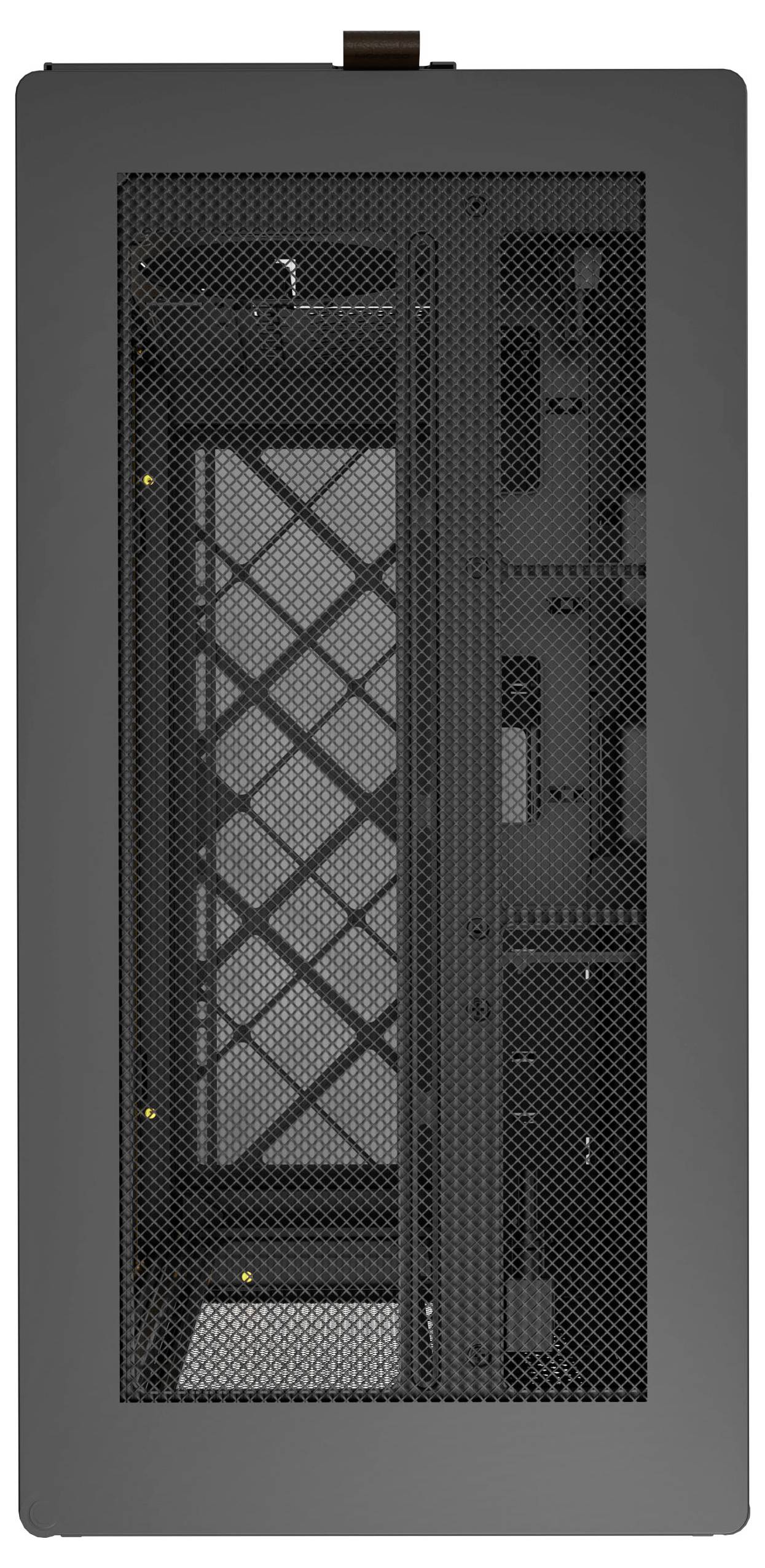 Mesh front panel of a computer case, showcasing internal framework and cable management areas.