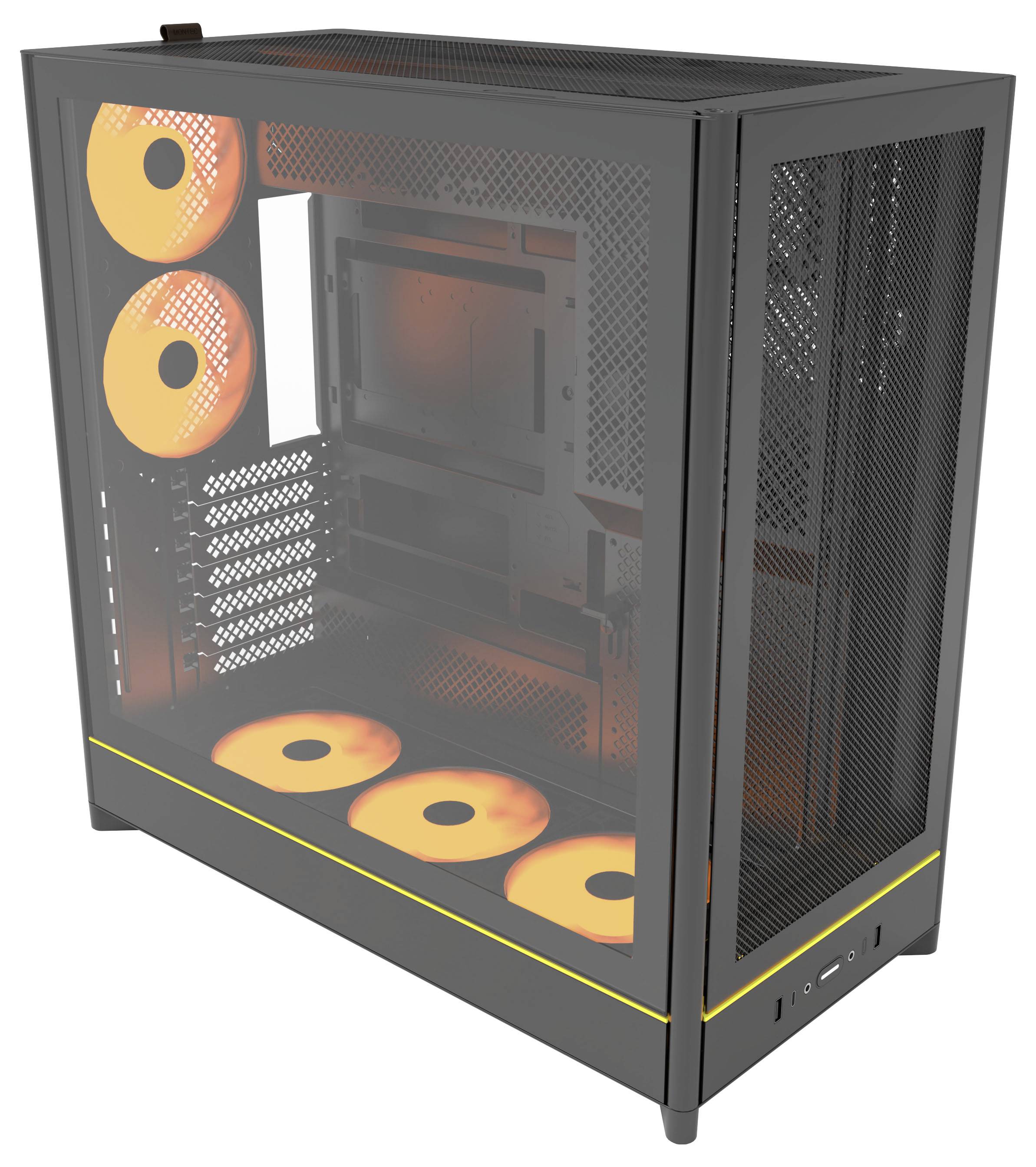 Gaming computer case with five orange-lit cooling fans visible, transparent side panel, black exterior, and yellow accent stripe.