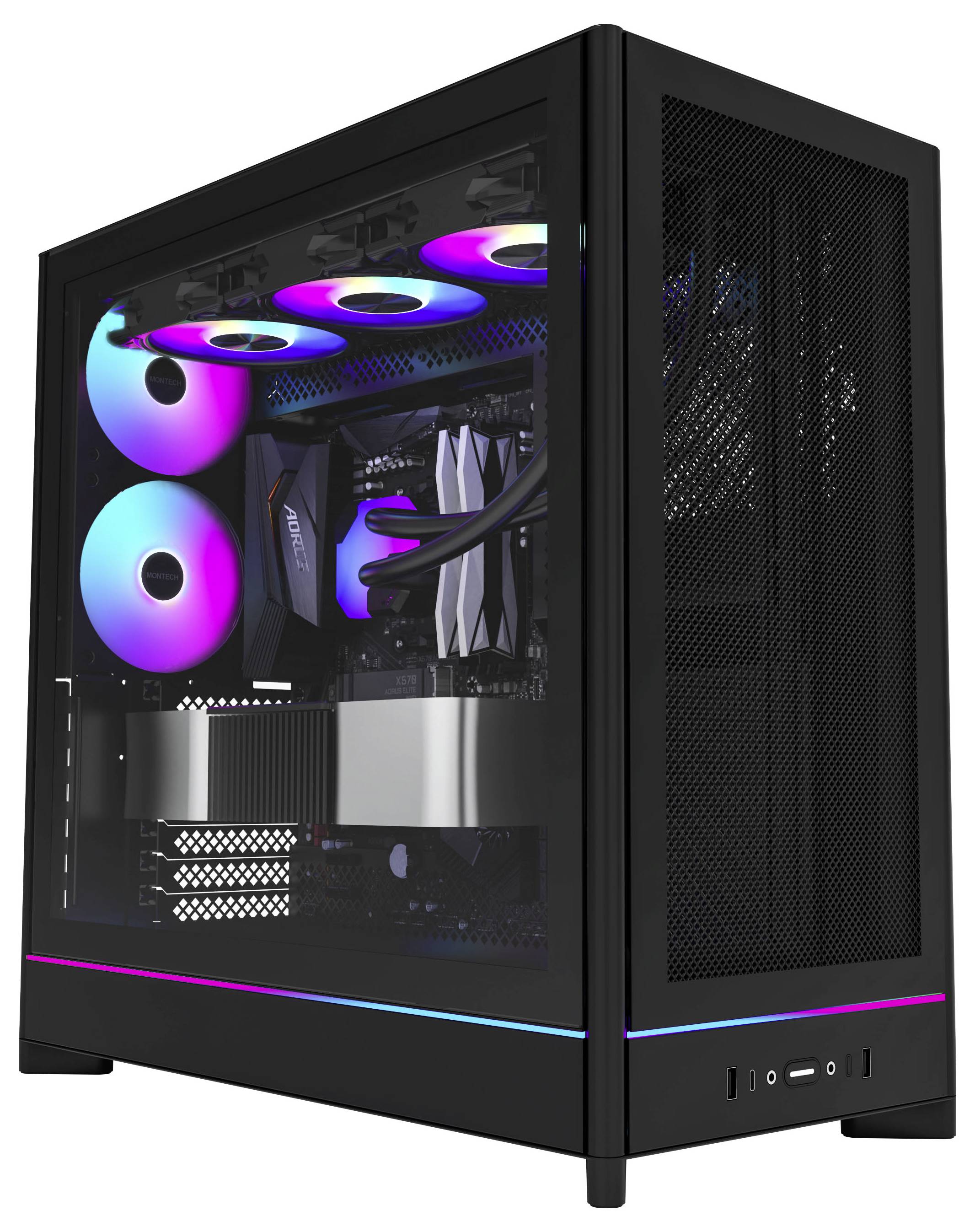 A black computer tower with transparent side panel, showing colorful cooling fans and components glowing in purple and blue lights.