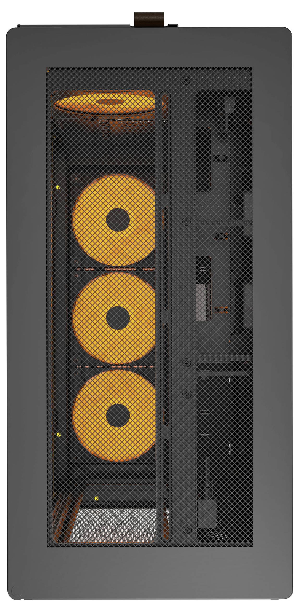 A computer case with a mesh front panel displaying three large, illuminated orange cooling fans in a vertical arrangement.