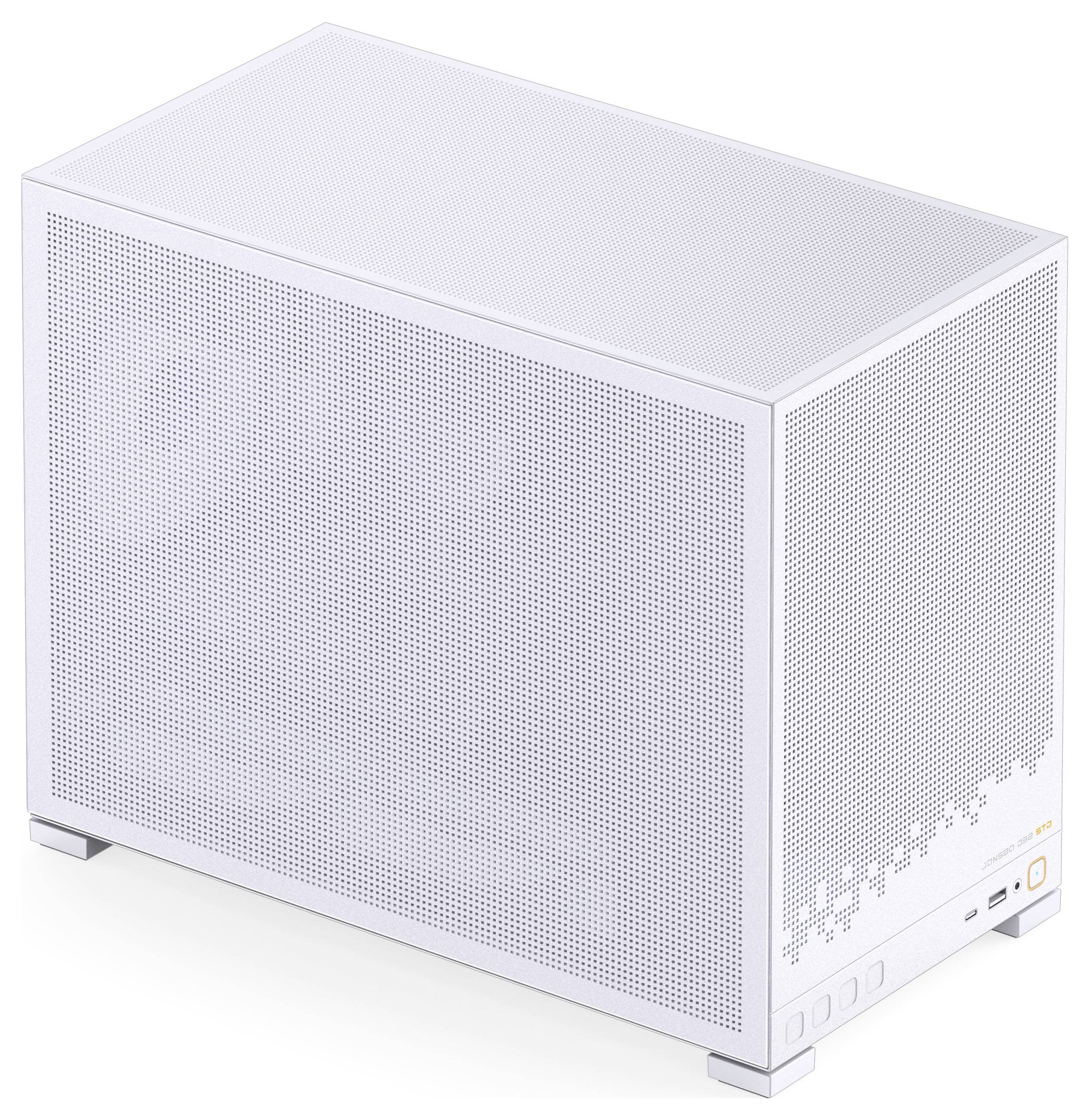 A white, rectangular computer case with a minimalist, perforated design and front panel ports, including power button and USB connections.