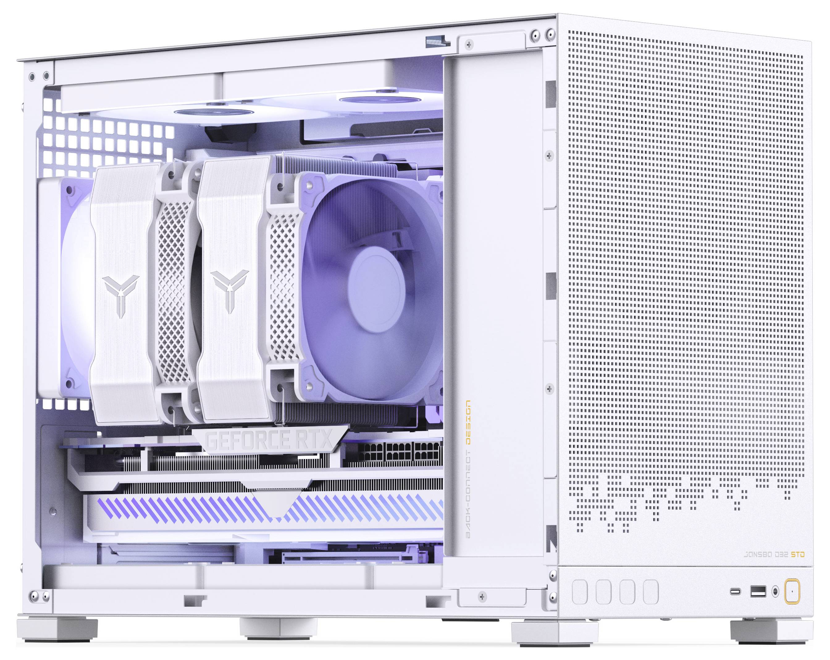 A white computer tower with visible cooling fans and a clear side panel. The interior is illuminated with soft blue lighting.