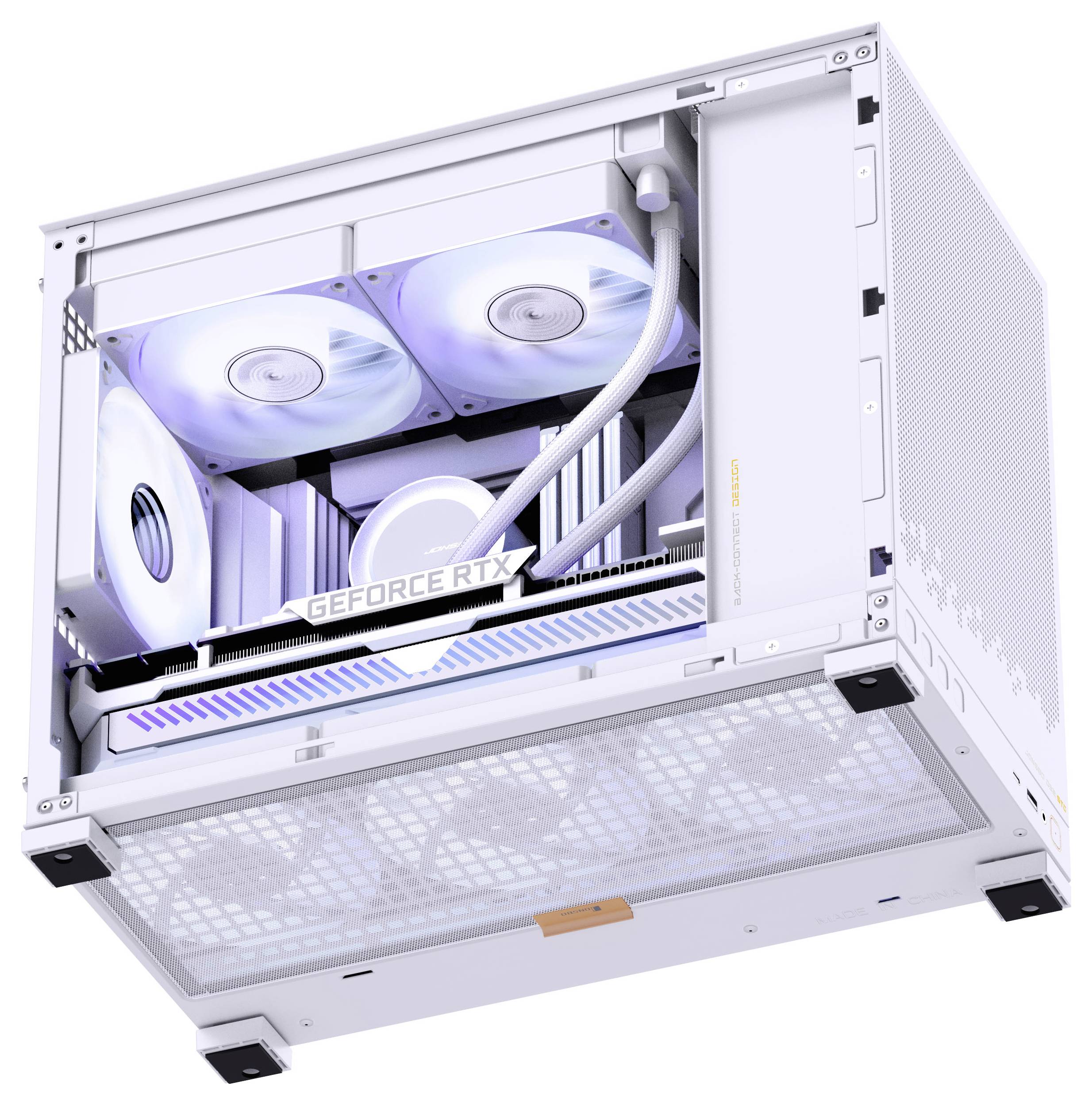 A white computer case with transparent panels shows interior components, including a GeForce RTX graphics card and cooling fans, lit with soft LED lights.