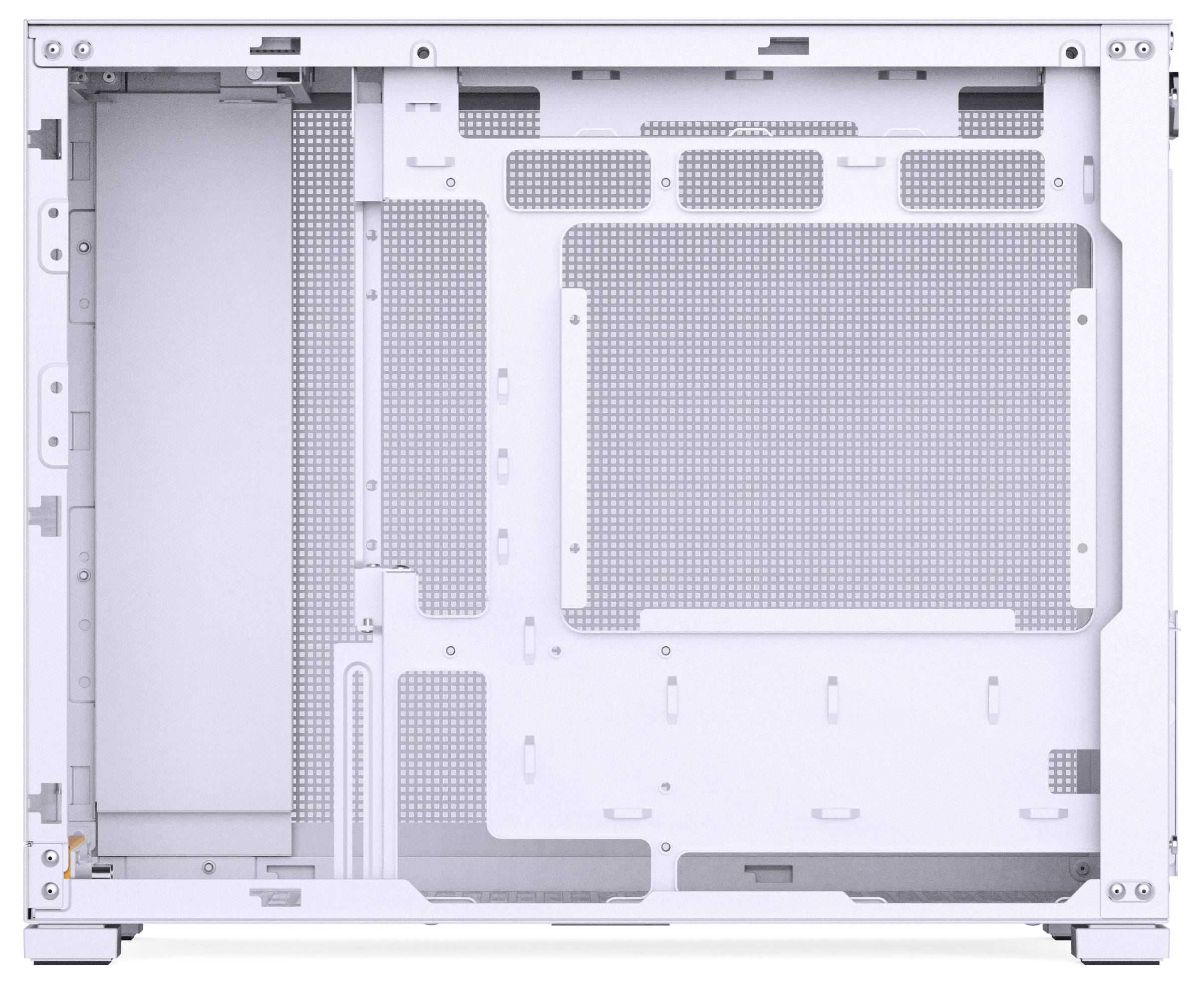 Open white PC case interior with mounting areas for motherboard, power supply, and components; mesh panels suggest airflow design.