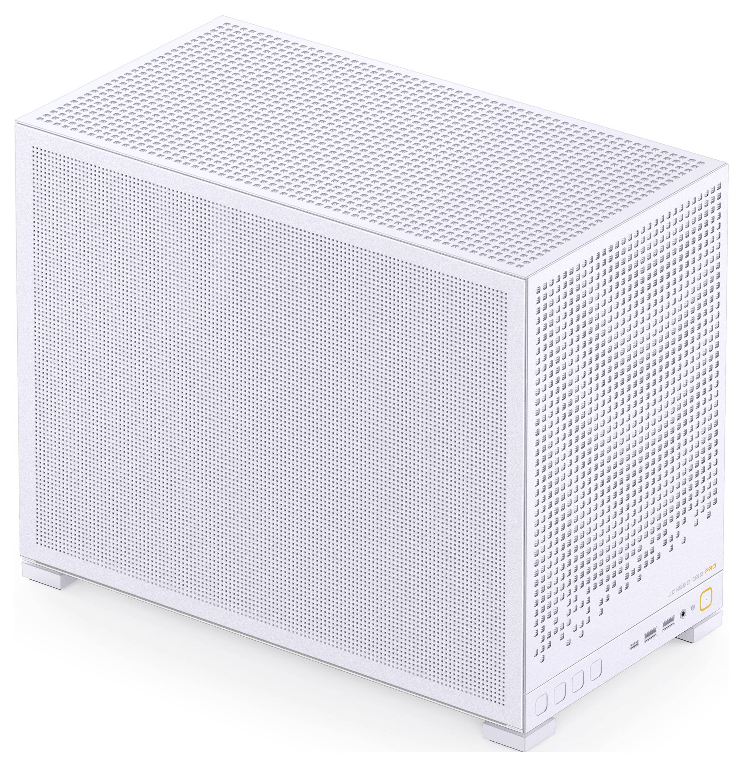 A white, rectangular computer case with perforated panels, standing on feet. Front ports and power button are visible on the lower front.