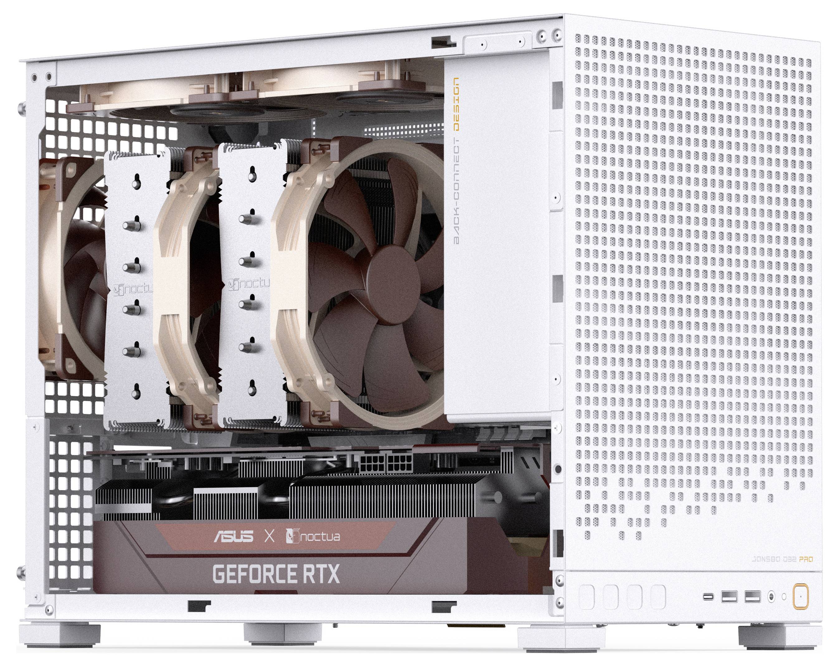 A compact, white desktop computer case with mesh panels houses a large cooling fan setup and a graphics card labeled 'GEFORCE RTX'.