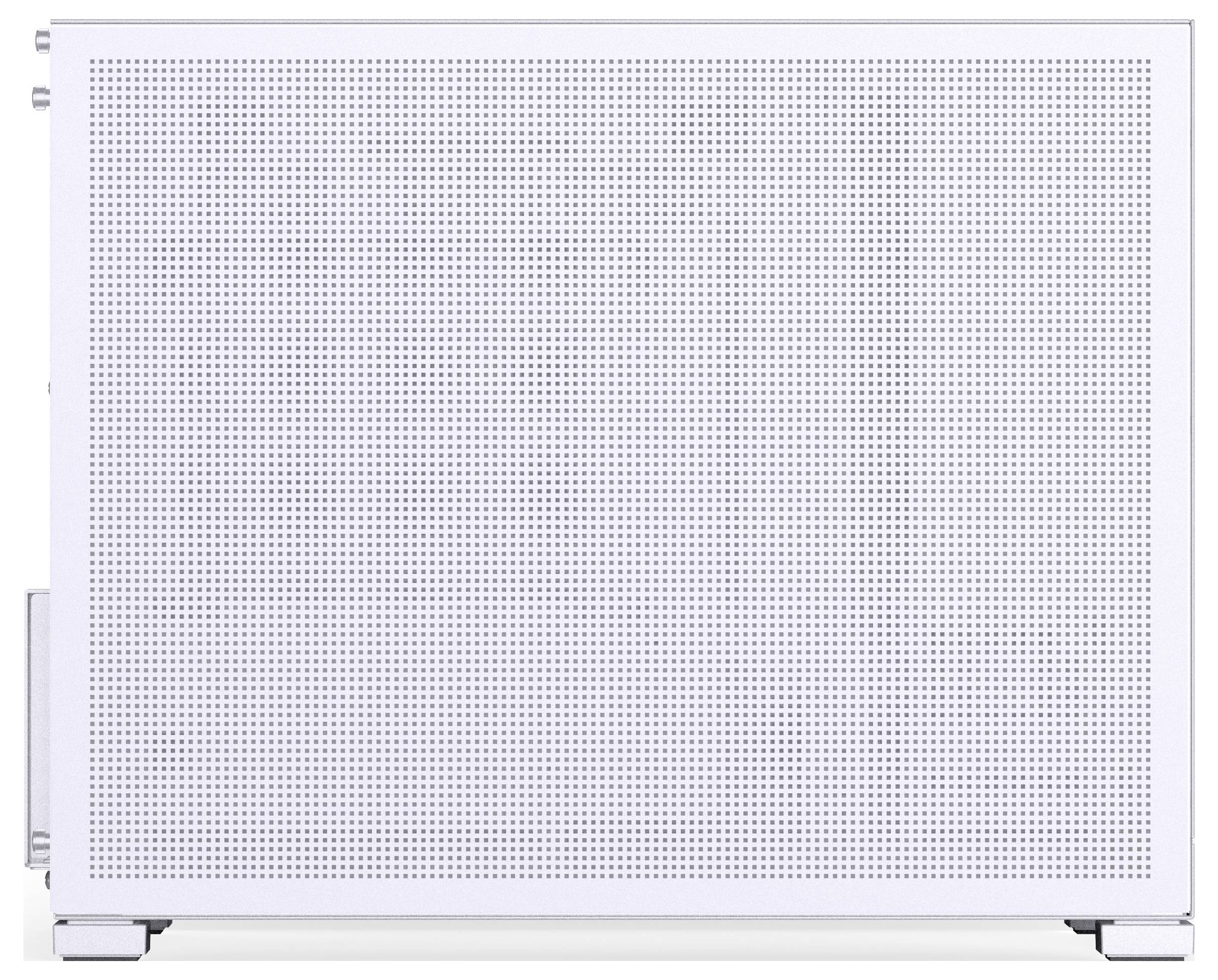 A white, rectangular speaker with a perforated grille covering the front, set against a plain background. Minimalist design.