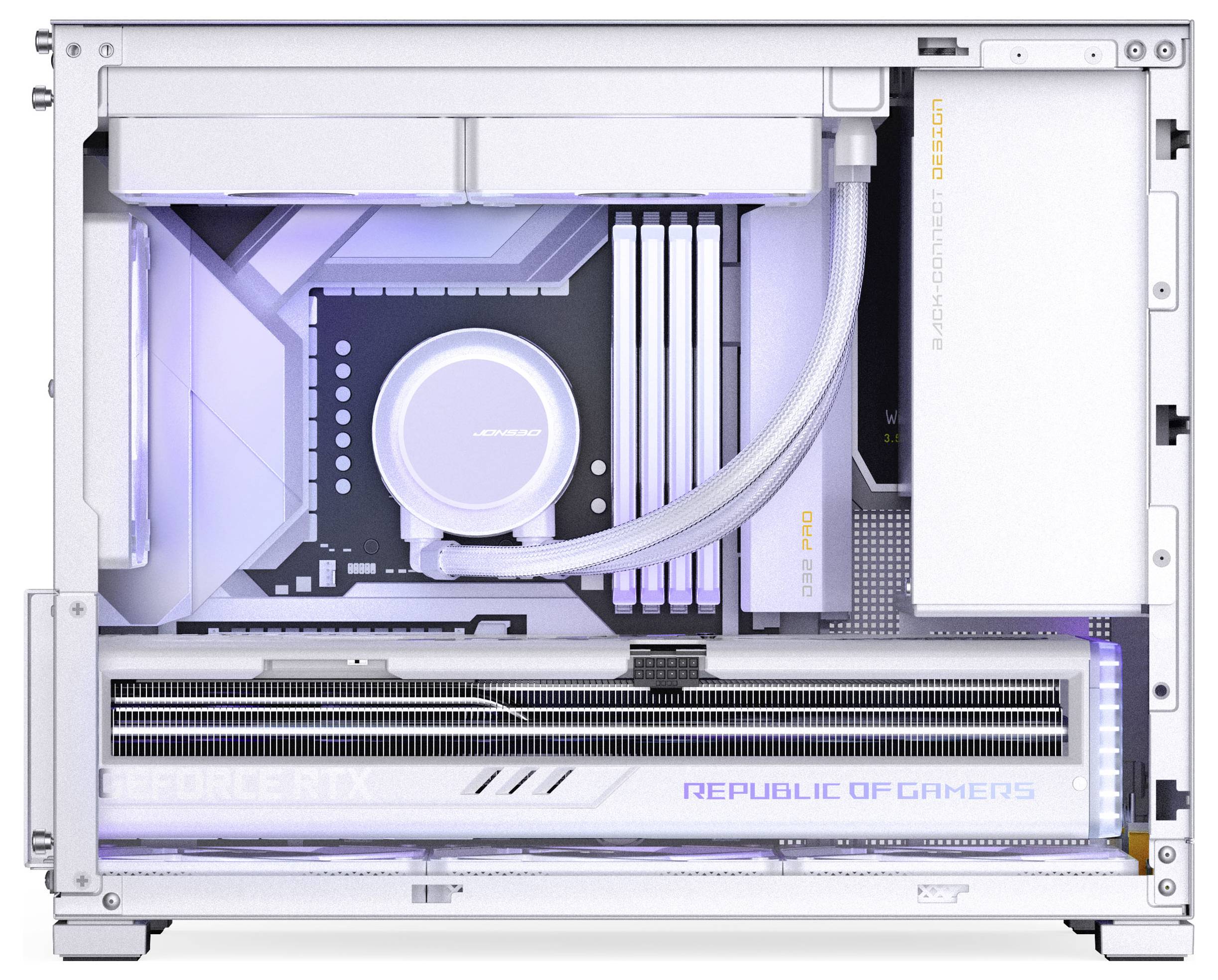 A gaming PC with side panel removed, displaying components like a 'GeForce RTX' GPU, liquid cooling system, and branded parts.