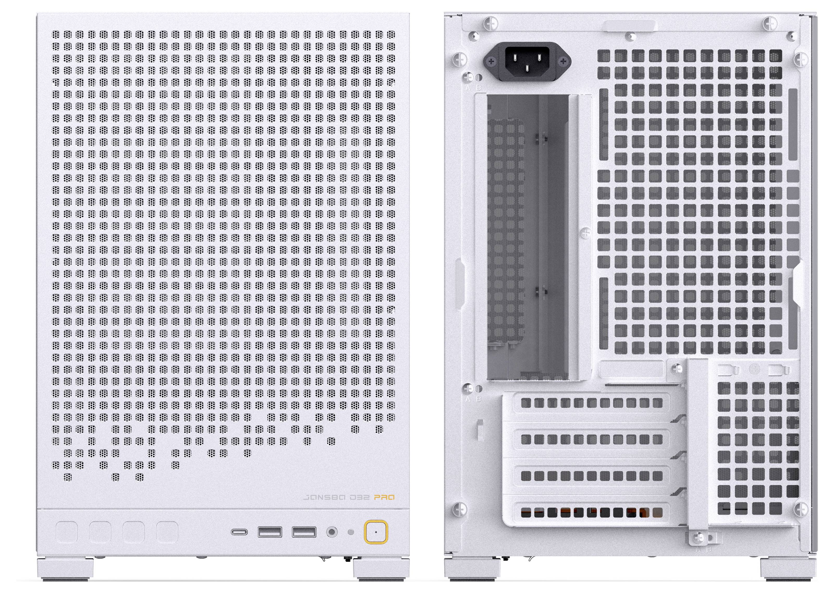 The image shows the front and back views of a white PC case. The front has a grid design, ports, and buttons. The back displays an open PCI slot area and power supply slot.