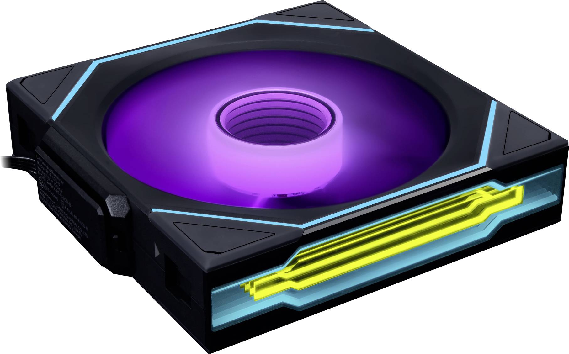 A square, black computer cooling fan with purple LED lighting and neon blue and yellow accents, designed for efficient airflow.