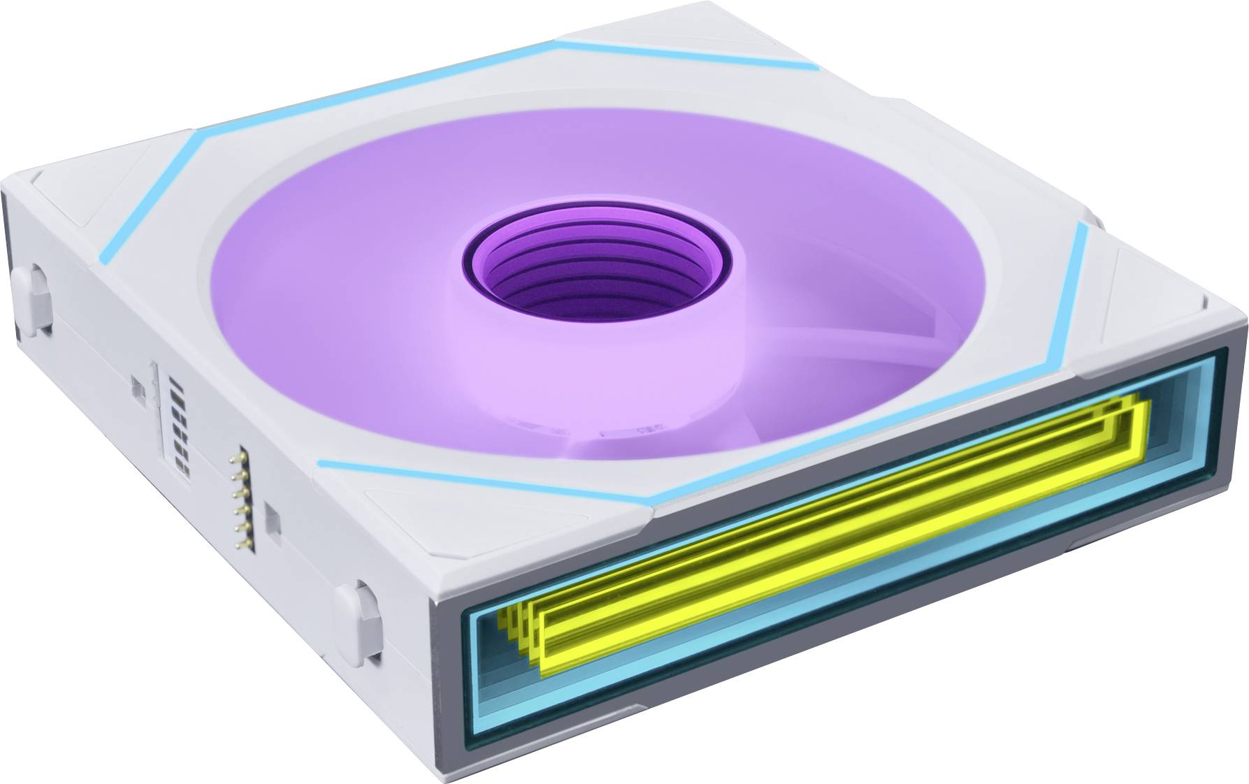 A square computer fan with a large purple blade, encased in a white frame with blue accents. Yellow light strips highlight the front.