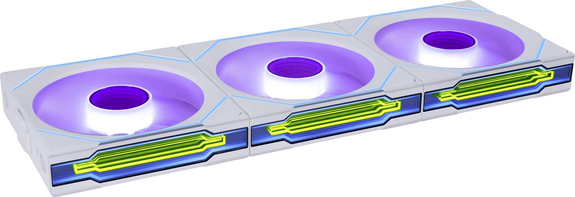 A white cooling fan unit with three side-by-side circular fans, each featuring purple LED lighting and green air flow indicators.