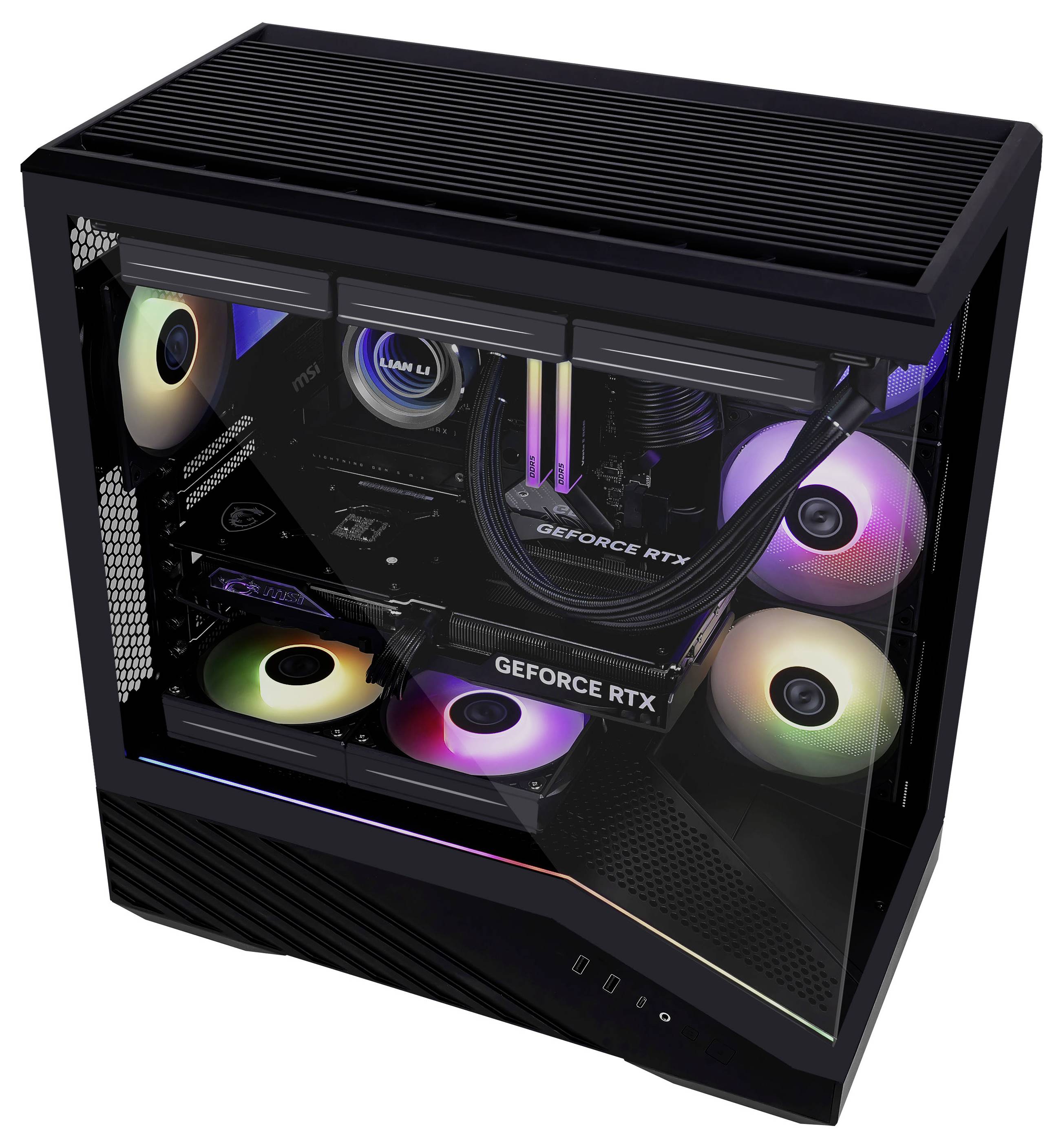 A gaming PC with a transparent side panel reveals colorful RGB-lit fans and components, including a visible GeForce RTX graphics card.