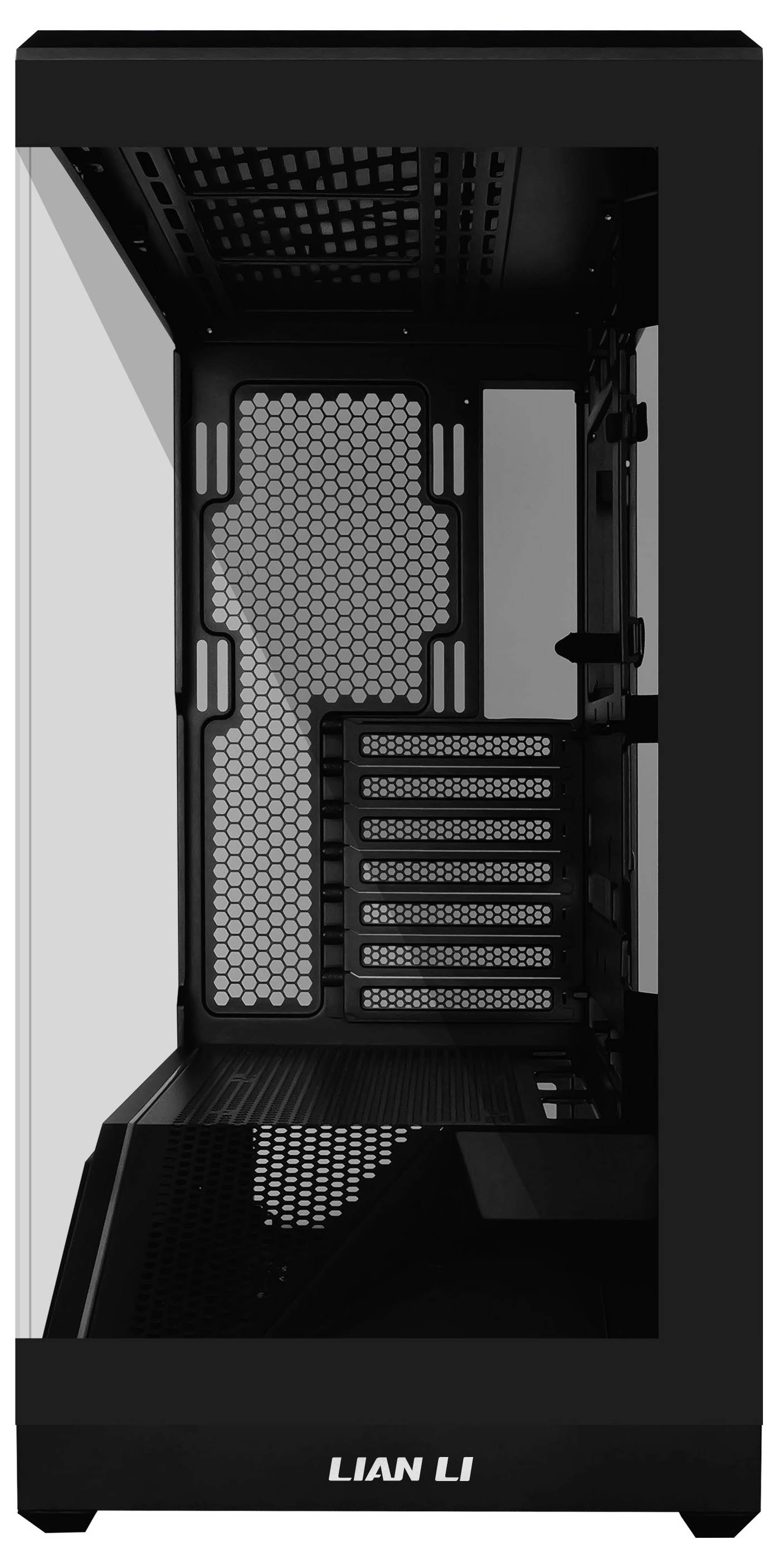 A black computer case with a transparent side panel, showcasing a spacious interior and ventilation options, branded with 'LIAN LI' at the bottom.