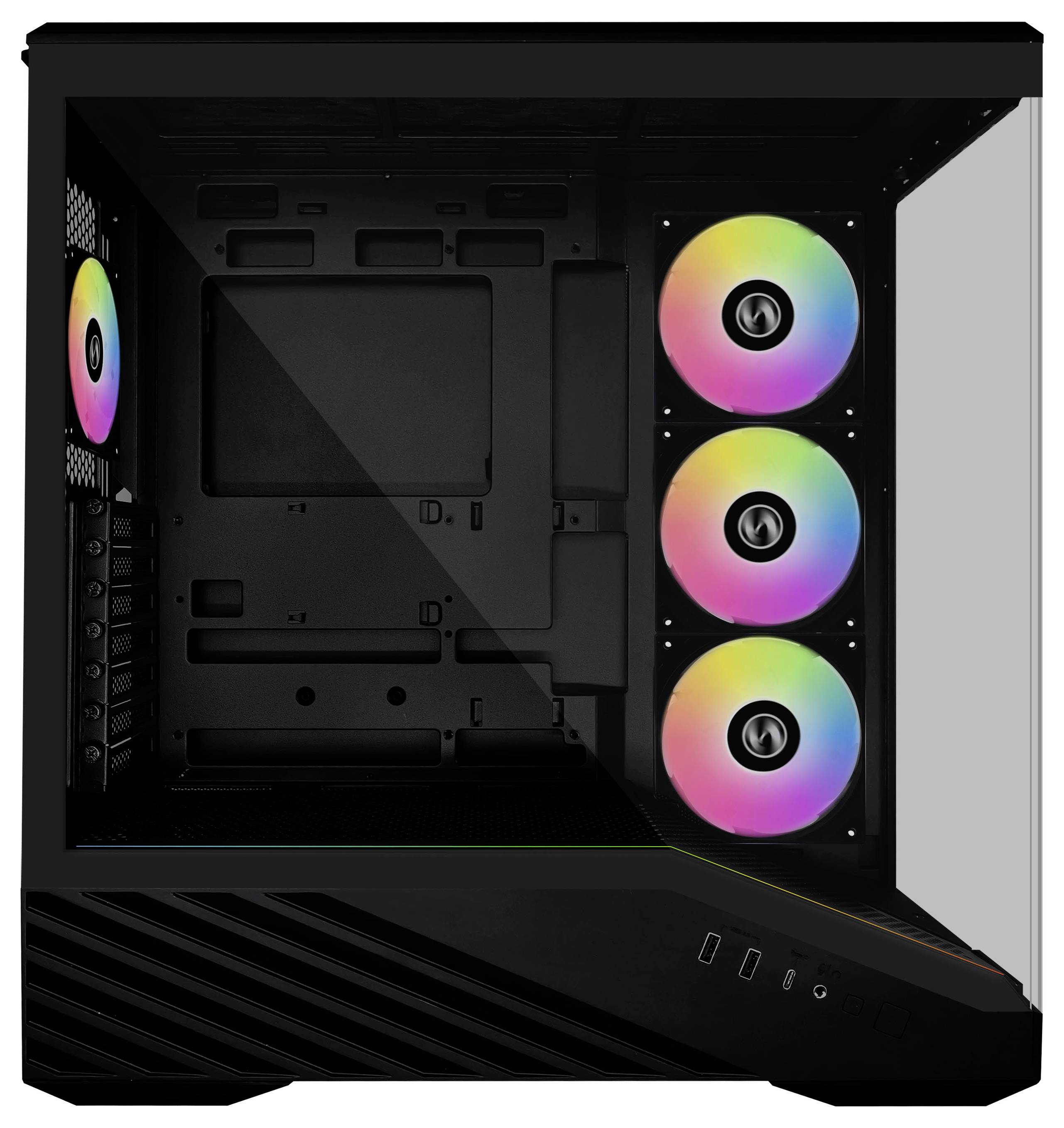 A black computer case with side glass panel, showing three vertical RGB fans on the front and one on the back, empty interior.