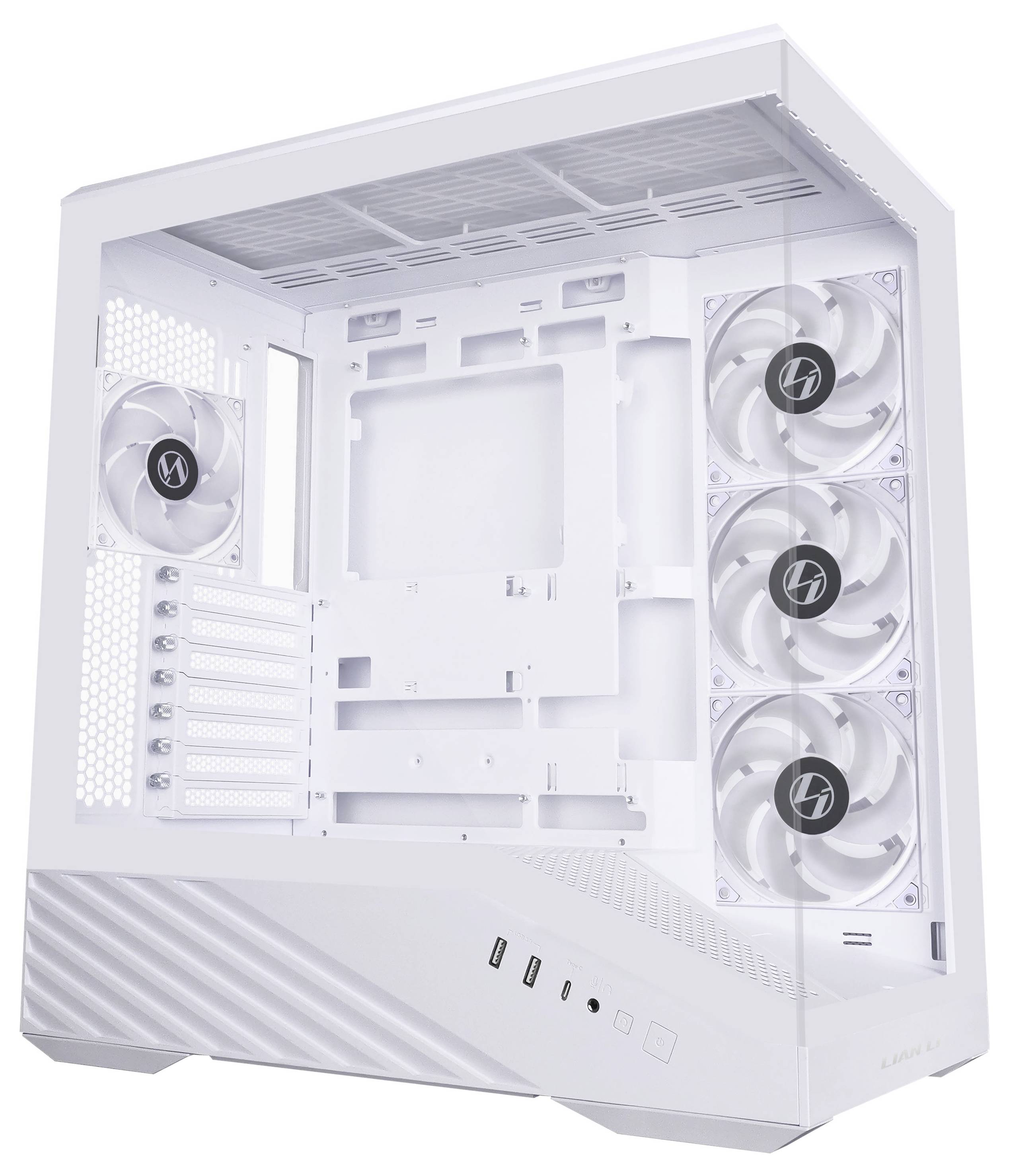 White computer case with a clear side panel, showcasing four cooling fans and multiple expansion slots, designed for gaming setups.