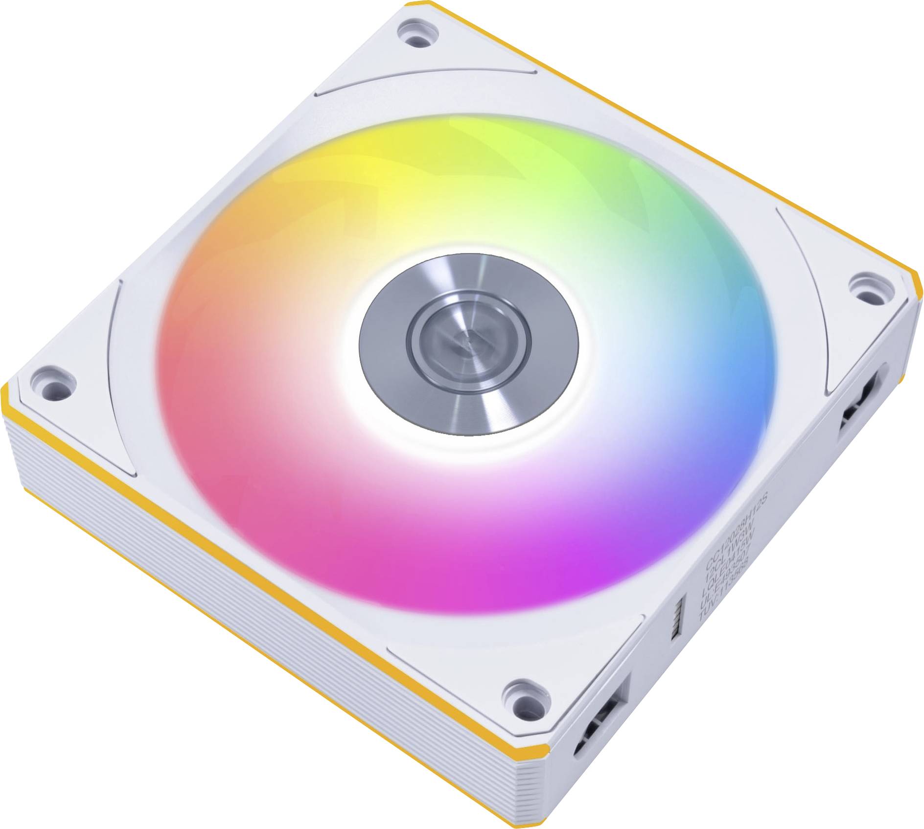 A computer cooling fan with multicolored LED lights, predominantly showing a gradient of orange, yellow, and pink hues.