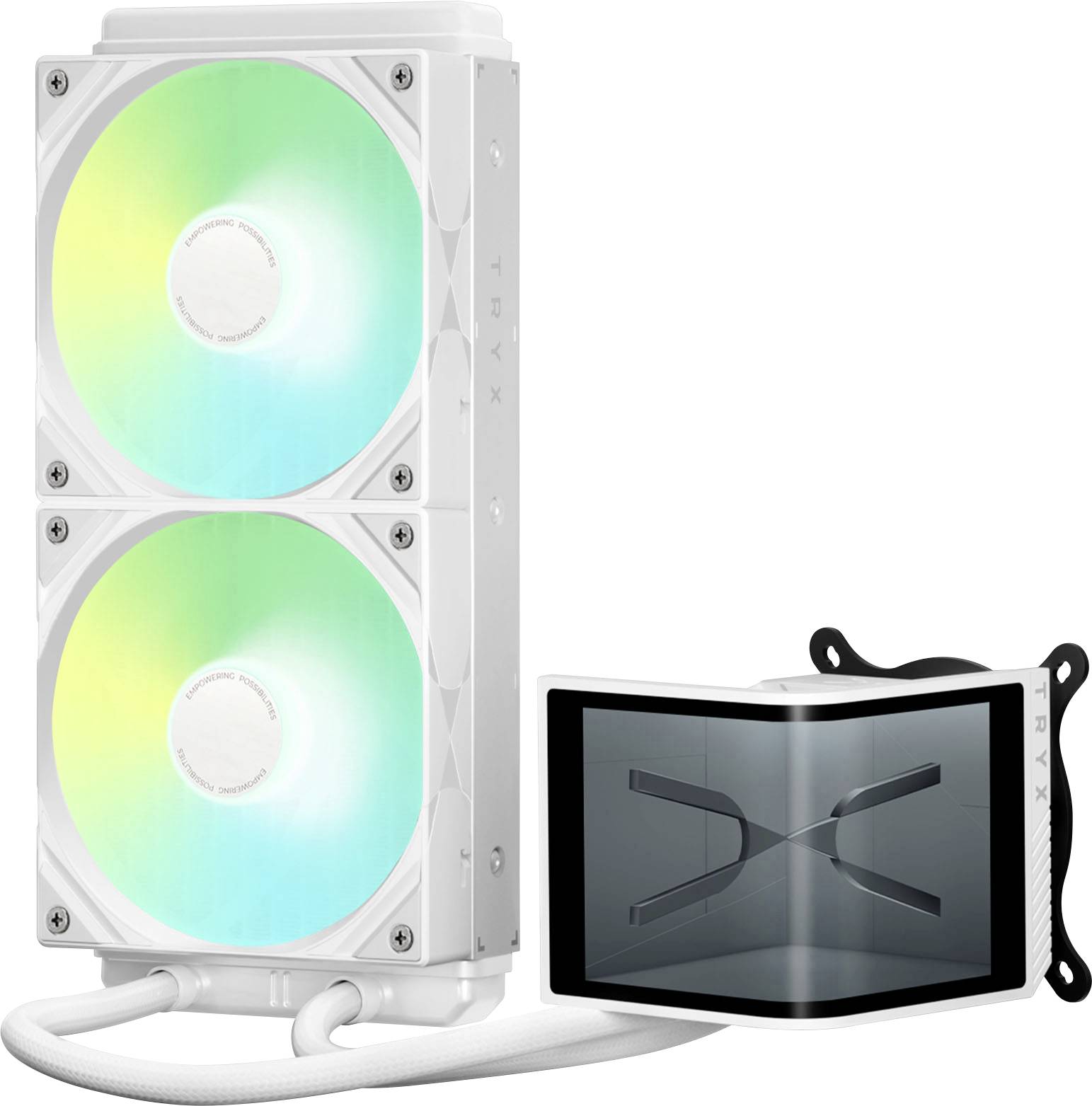 A white dual-fan water cooling unit with colorful LED lights, designed for computer systems. Includes a display panel with the brand logo.