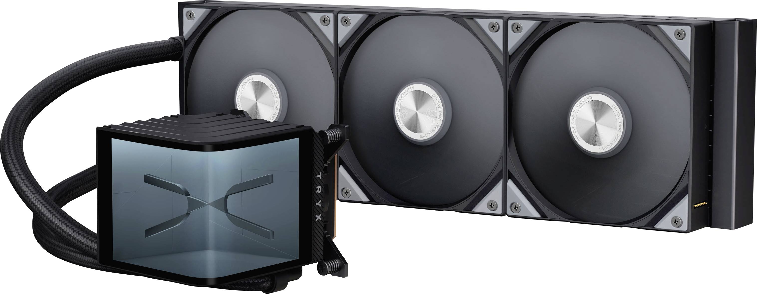 A liquid CPU cooler with a 360mm radiator featuring three large fans and a pump unit with a subtle logo, designed for efficient cooling.