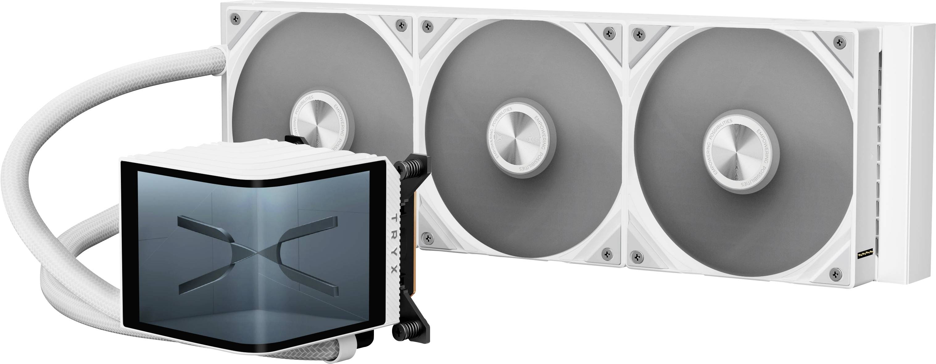 A white computer liquid cooling system with three large fans and a transparent pump block connected by tubes, used for CPU cooling.