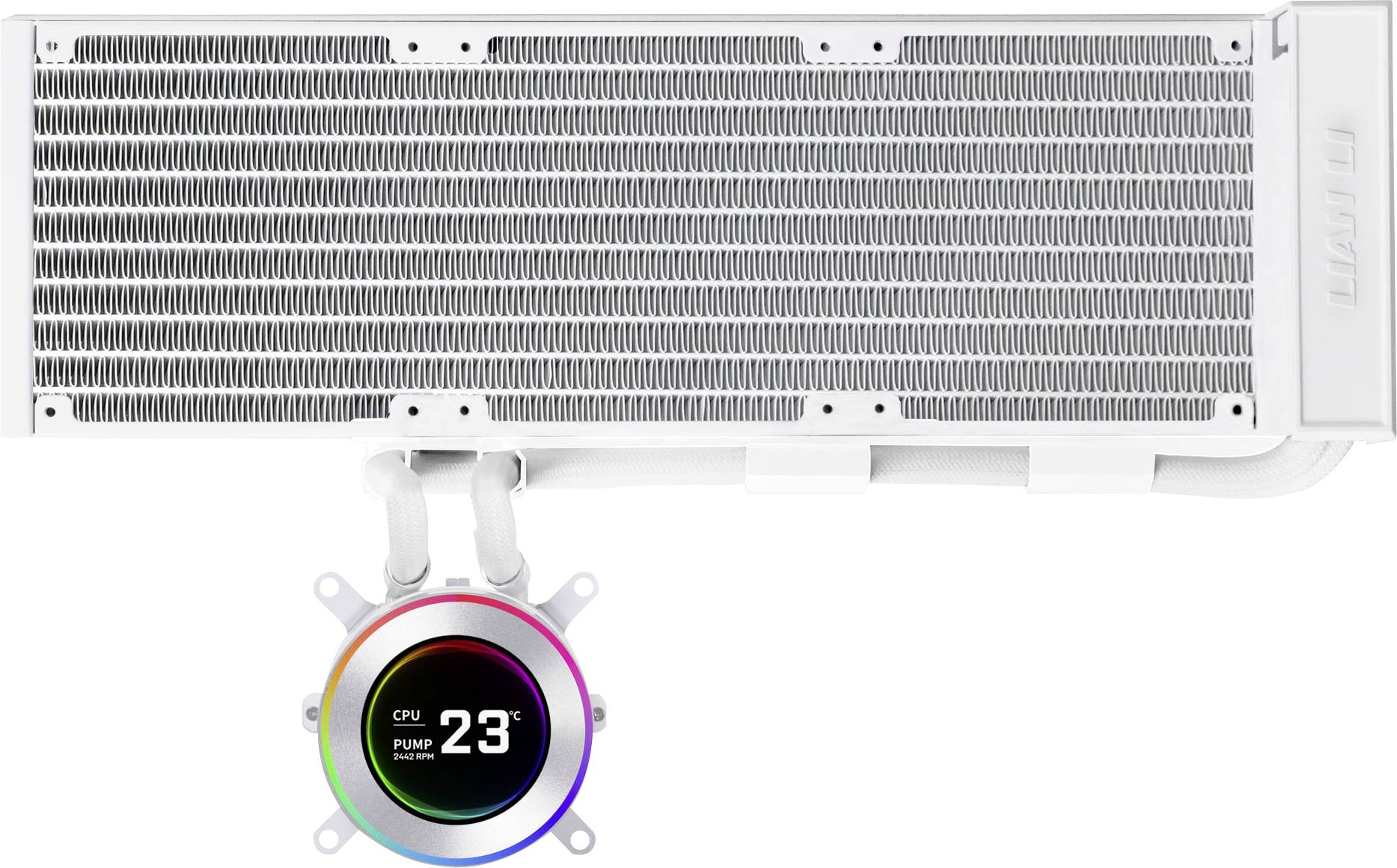 A white computer radiator with RGB LED display showing 'CPU Pump 23°C'. The display is circular and connected with pipes.