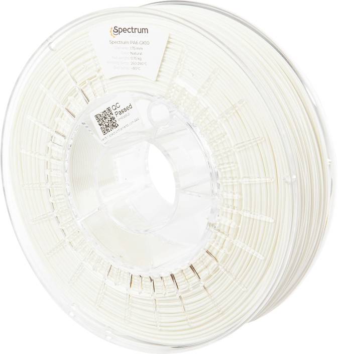 A spool of 'Spectrum PA6 G0' 3D printer filament in natural color, showing product details like diameter, print temperature, and weight.