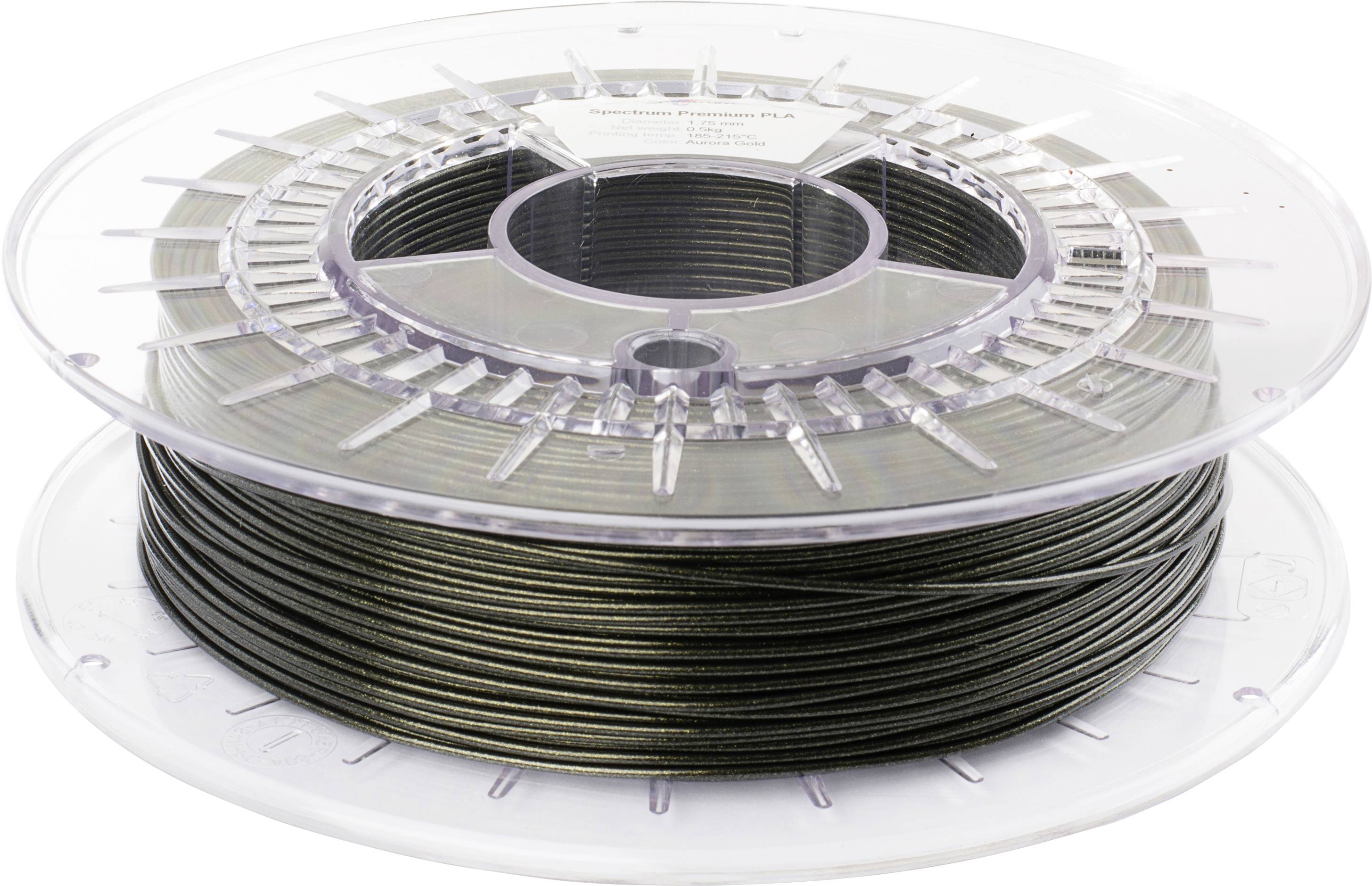 A transparent spool of black 3D printer filament, coiled neatly, showing the filament's texture and the spool's structure.