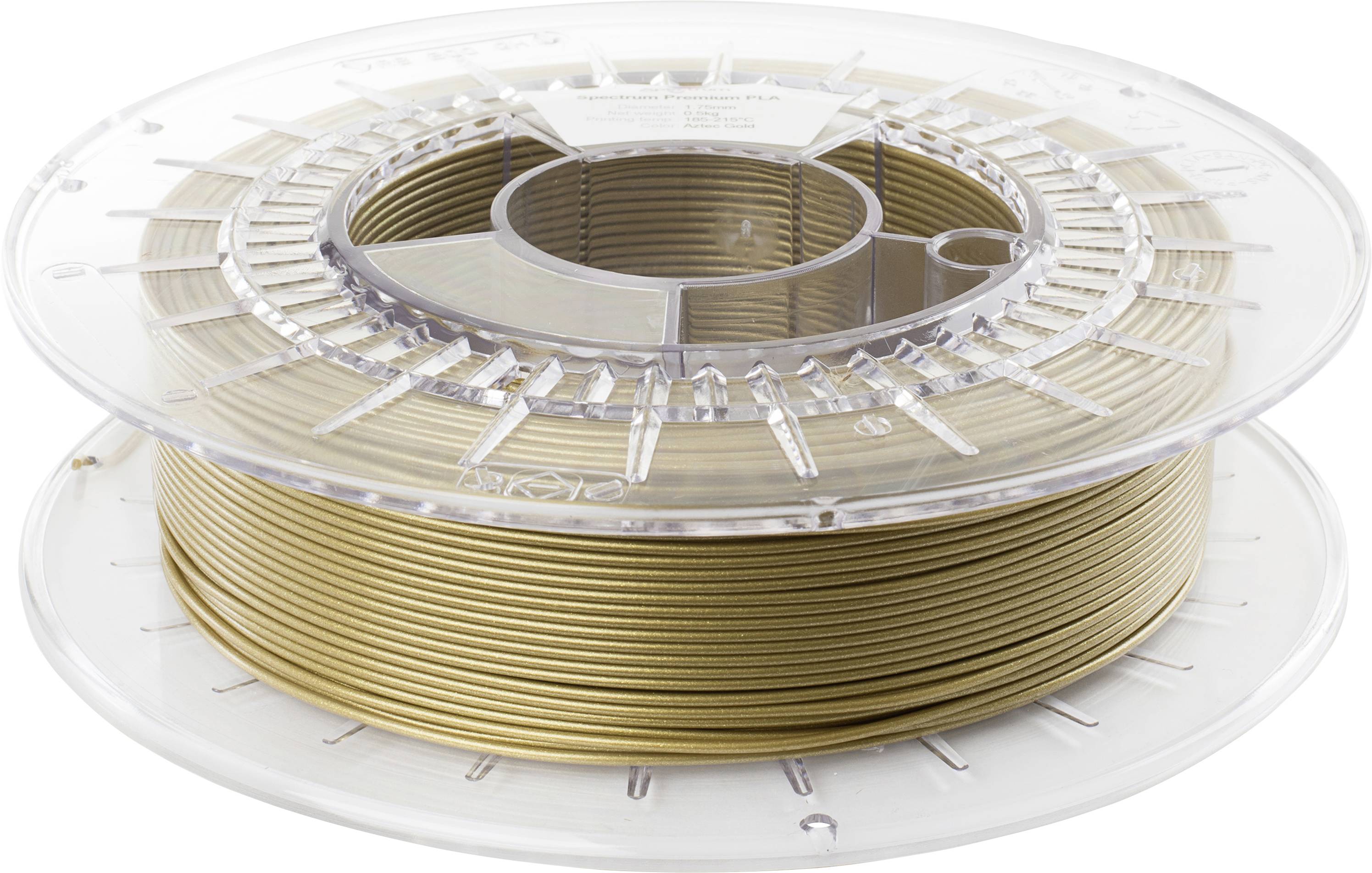 A clear spool containing gold-colored 3D printer filament, coiled neatly, with transparent side plates for visibility and protection.