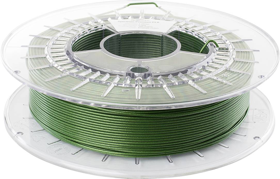 A transparent spool filled with green wire, featuring a labeled central hub, designed for easy dispensing.