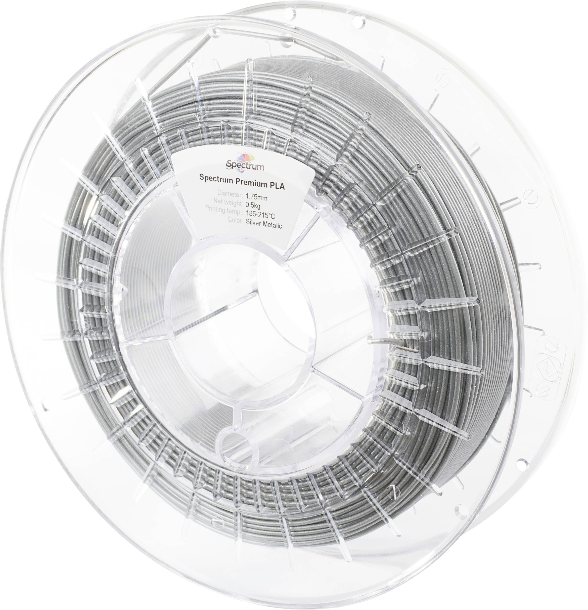A clear spool of Spectrum Premium PLA 3D printer filament, 1.75mm, in a silver metallic color.