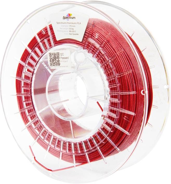 A spool of red 3D printer filament labeled 'Spectrum Premium PLA', 1.75 mm diameter, 1 kg weight, with a QR code and 'QC Passed' sticker.