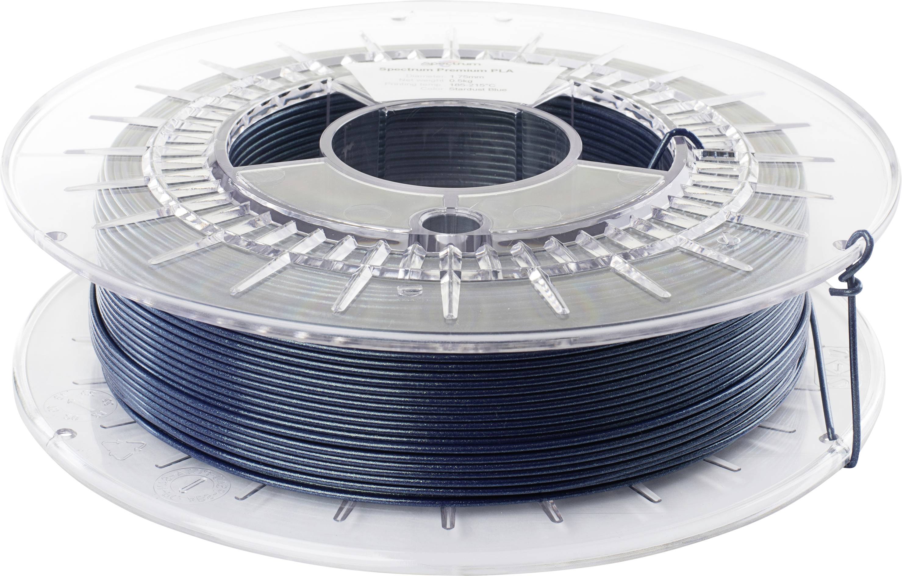 A transparent spool containing dark blue filament, used for 3D printing. The filament is neatly wound, indicating it is new and unused.