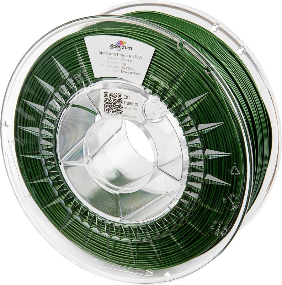 A spool of green Spectrum Premium PLA filament, labeled with temperature guides and a QR code, intended for 3D printing.