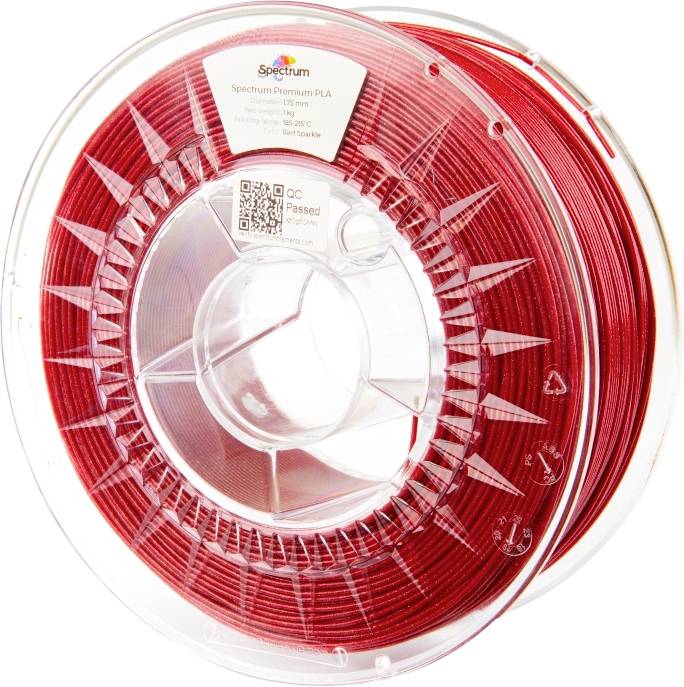 Clear spool of red 3D printer filament, labeled 'Spectrum Premium PLA', with temperature range and QR code on the side.