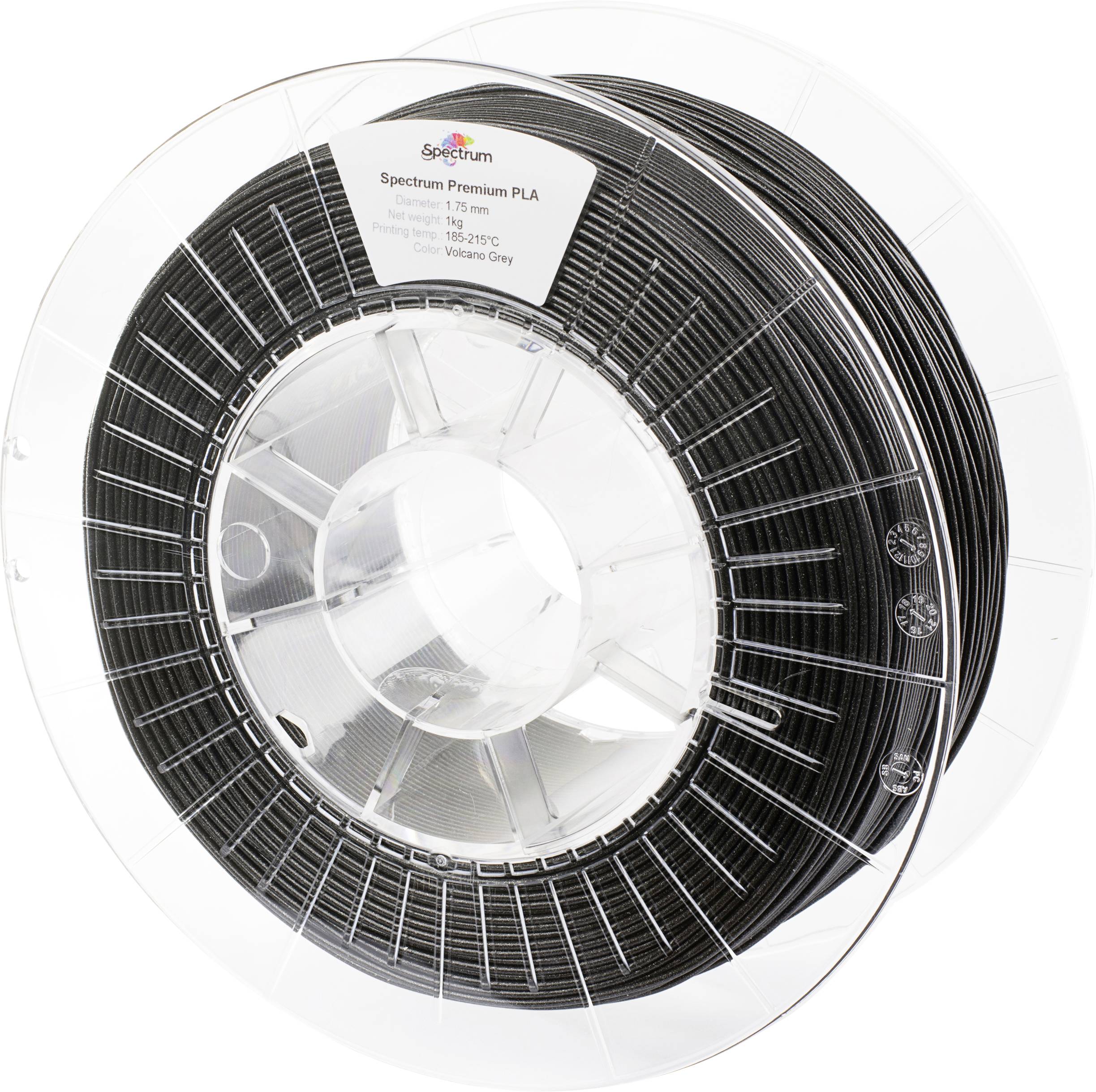 A spool of black 3D printer filament labeled 'Spectrum Premium PLA', showing specifications like diameter and temperature range.