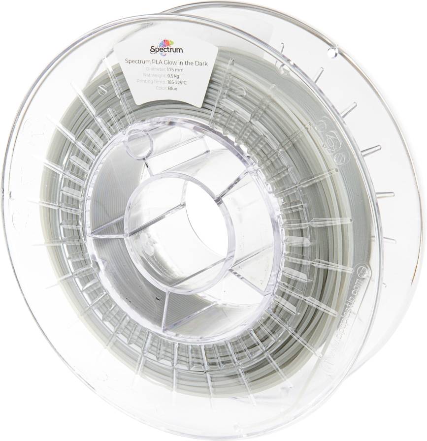 A clear plastic spool containing 1.75mm Spectrum PLA 'Glow in the Dark' 3D printer filament, shown against a white background.