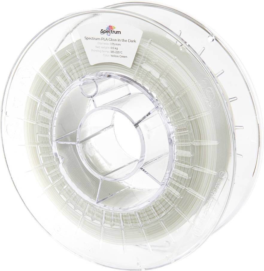 A transparent spool of 'Spectrum PLA Glow in the Dark' filament in willow green, for 3D printing, showing a central hole for mounting.