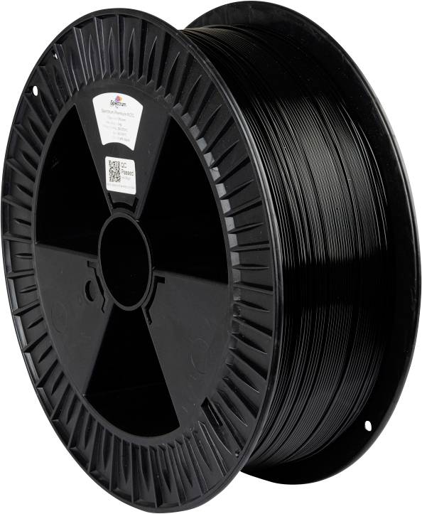 A black spool of filament for 3D printing with visible label and QR code on the front.