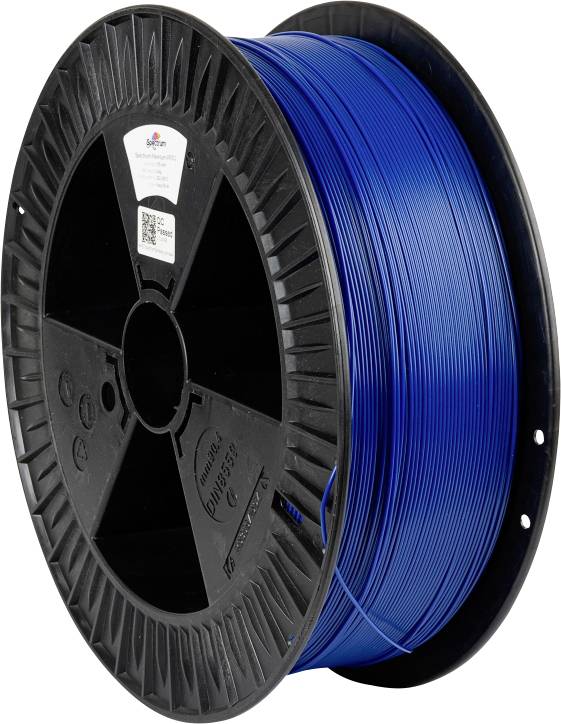 A spool of blue 3D printing filament with labeling on the side, indicating specifications and usage details.