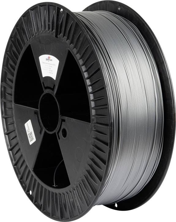 A spool of gray filament for 3D printing, tightly wound around a black plastic reel with a label, indicating material and specifications.