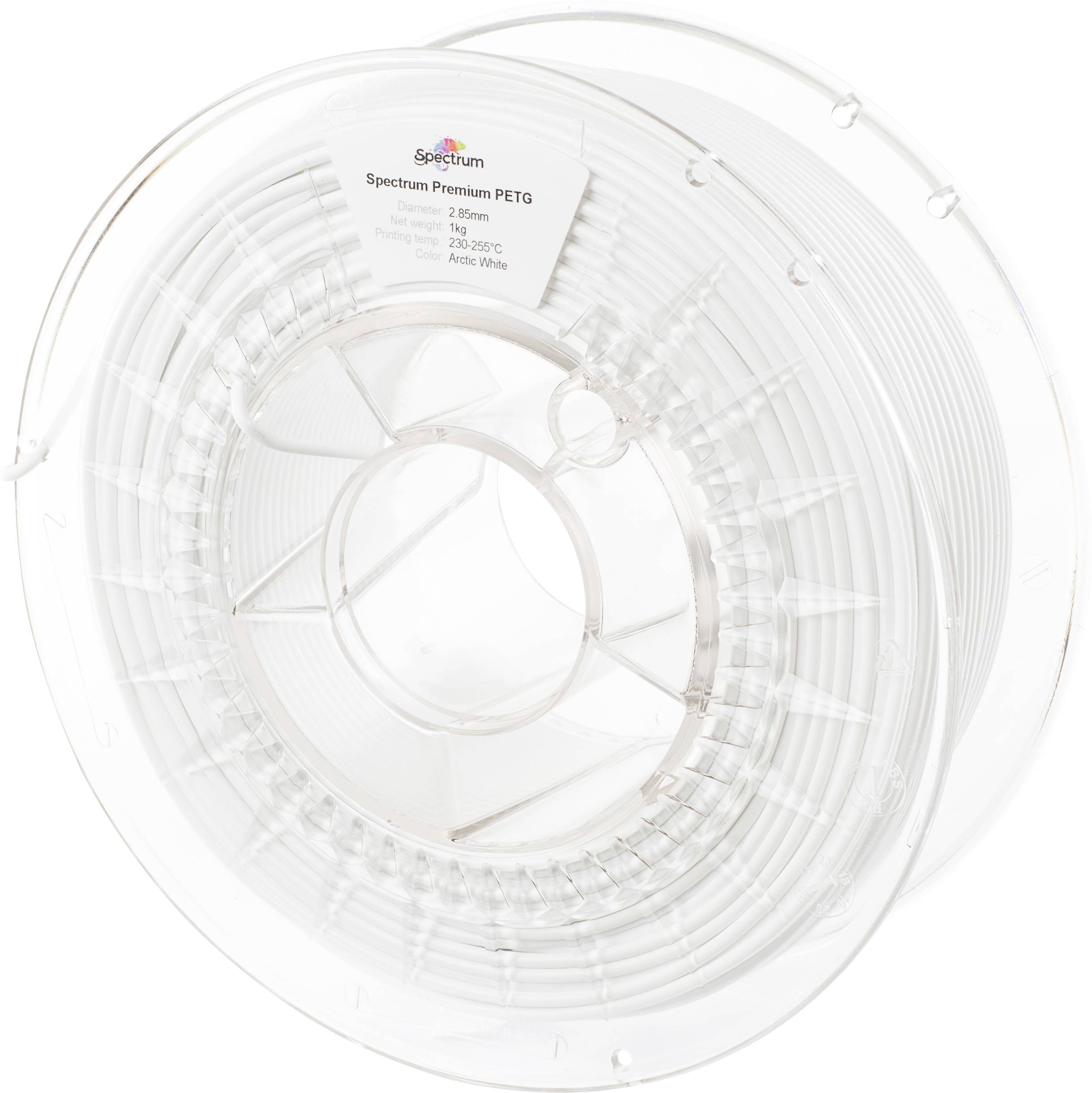 A spool of Spectrum Premium PETG 3D printer filament in 'Arctic White', showing its coiled design and labeled packaging.